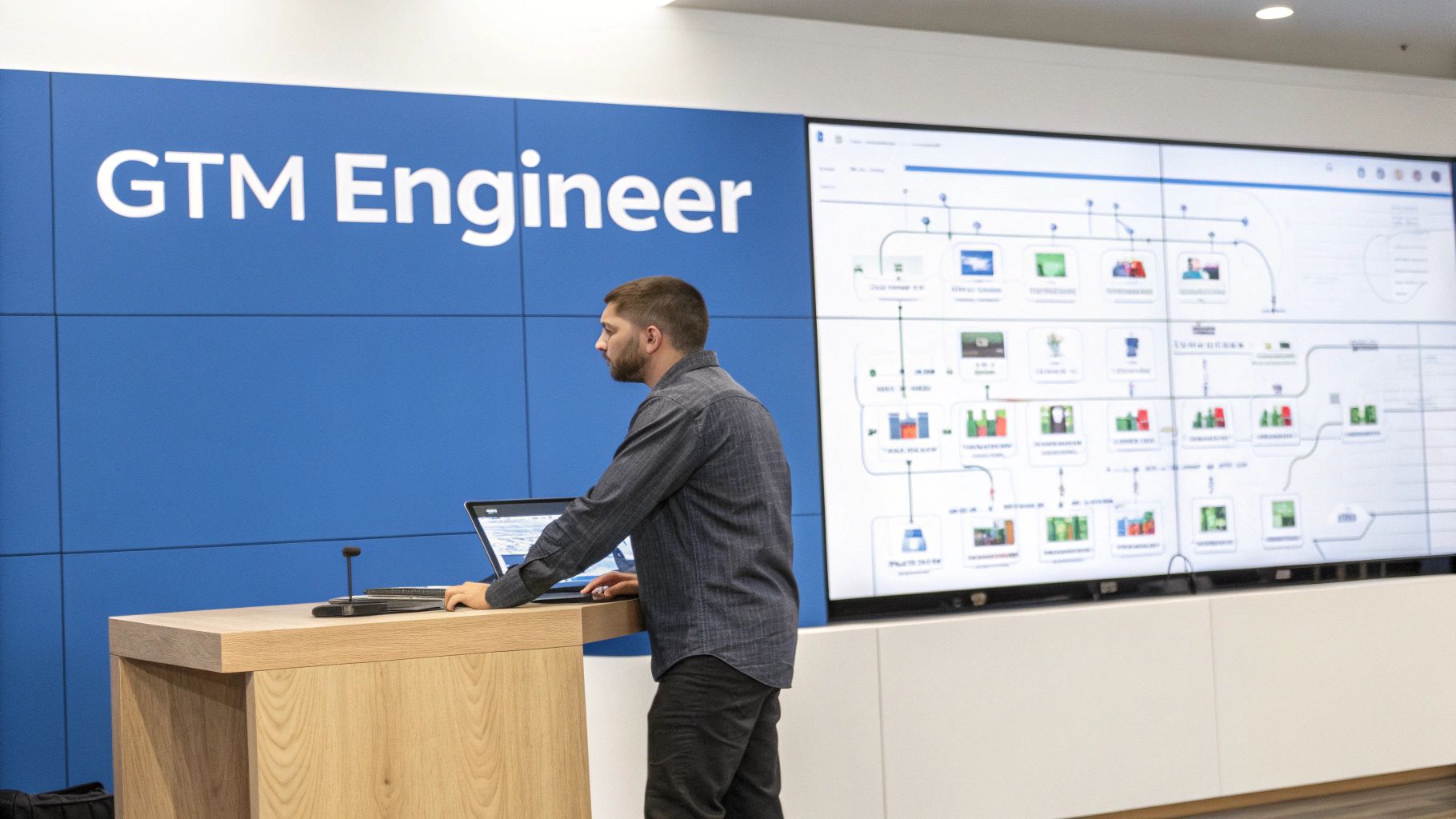 Engineer gives a presentation on a laptop in front of a large screen and blue wall.