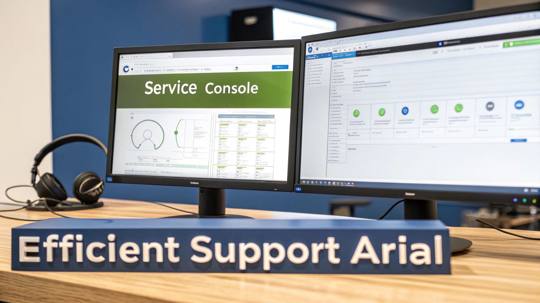 Two computer monitors display a 'Service Console' application for efficient customer support, with headphones on a desk.