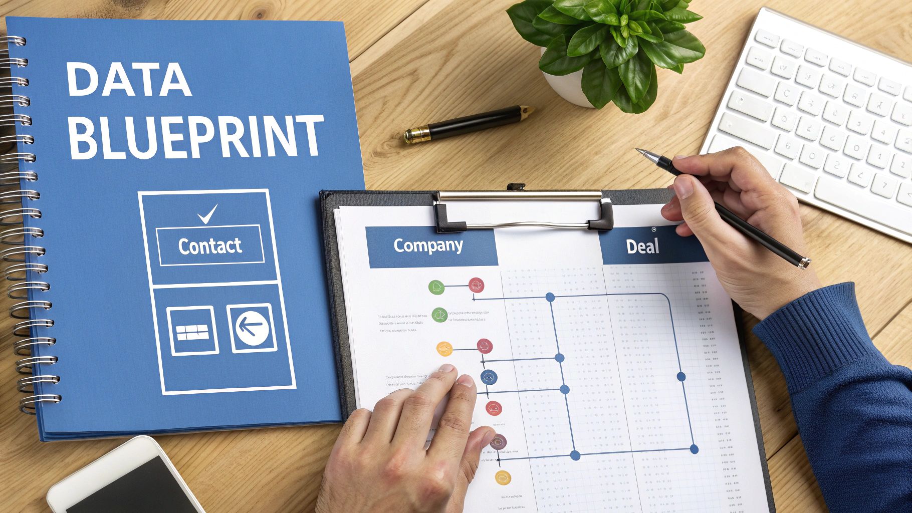Top-down view of a person analyzing a business "Data Blueprint" document with graphs and a pen.