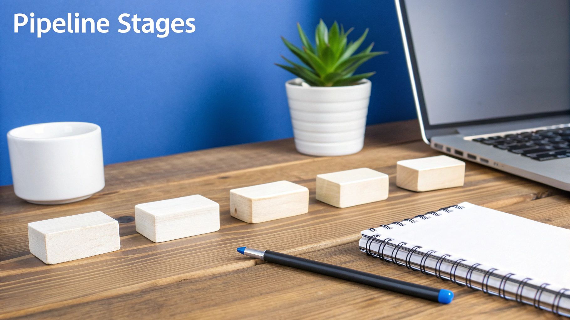 Five wooden blocks in a row on a desk, representing pipeline stages, with a notebook, pen, and laptop.