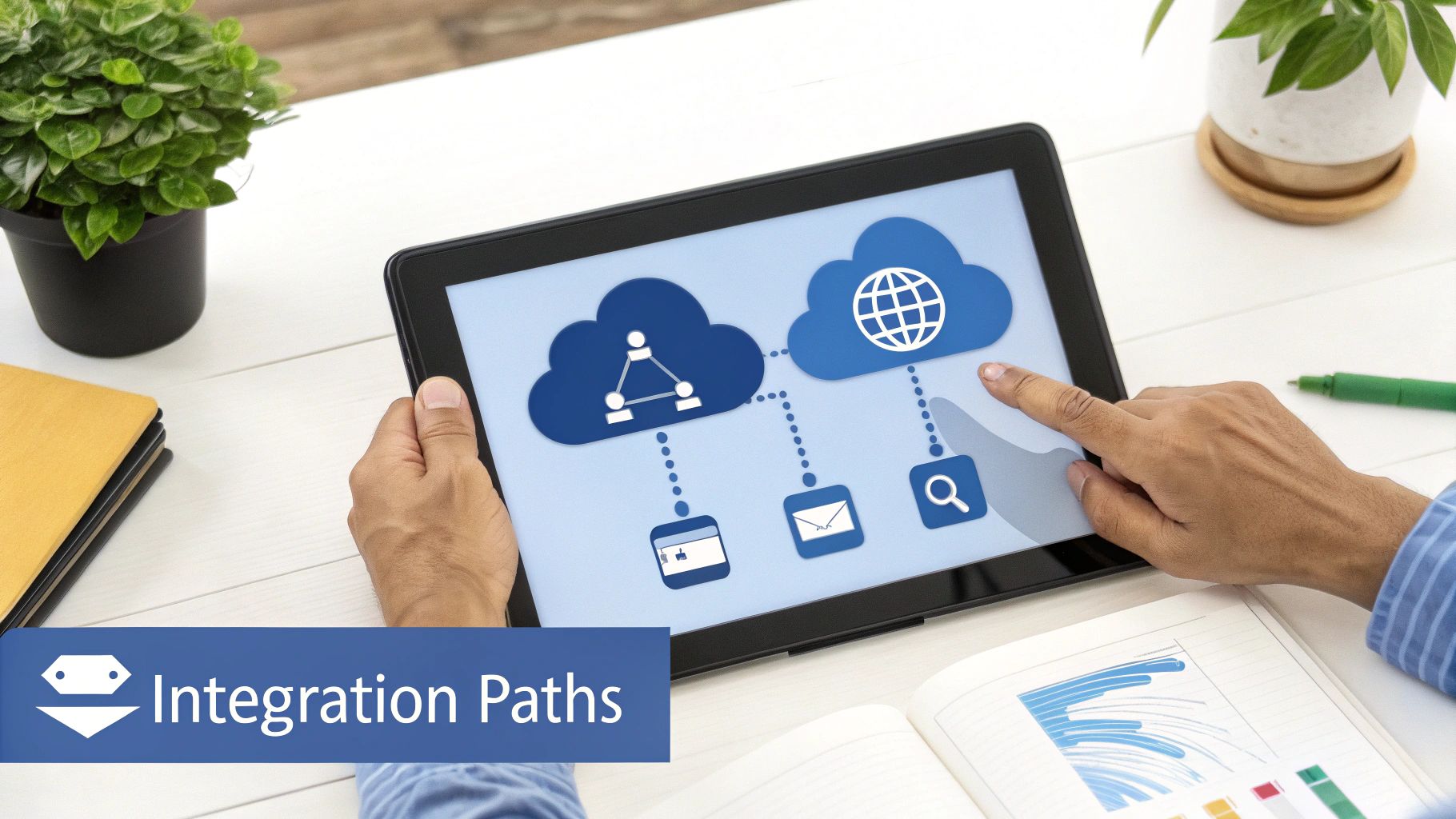 Hands holding a tablet with a diagram illustrating cloud data integration paths and connected services.
