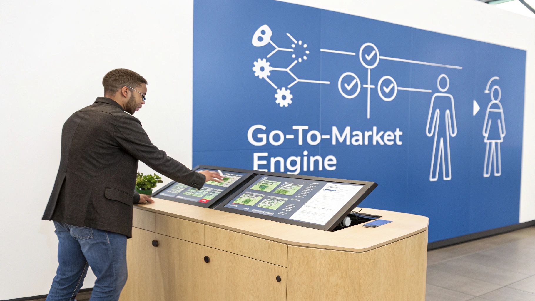 Man engaging with a dual-screen interactive display setup for a "Go-To-Market Engine" presentation.