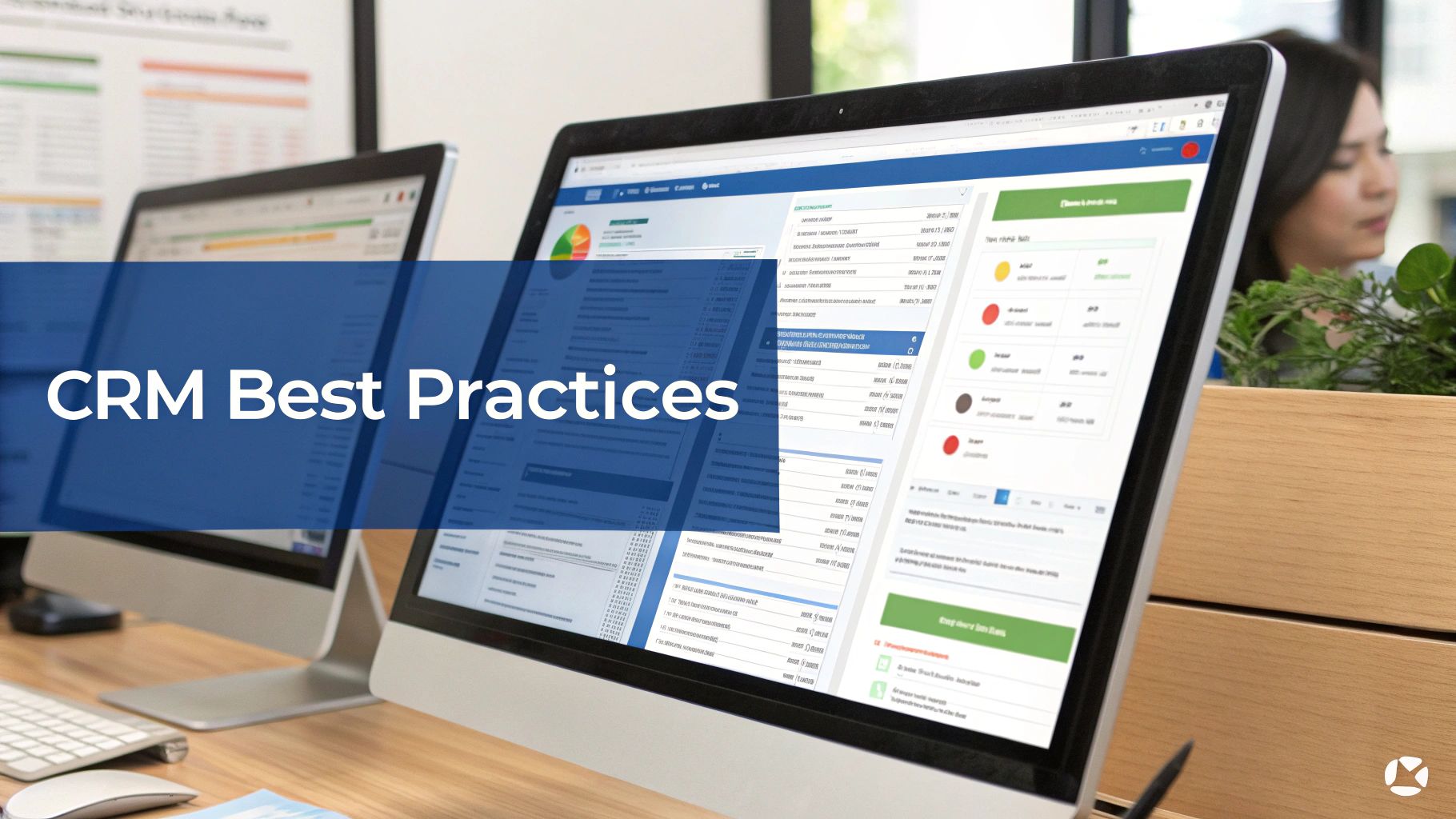 A computer screen displaying a CRM system dashboard with graphs and data, overlaid with 'CRM Best Practices'.