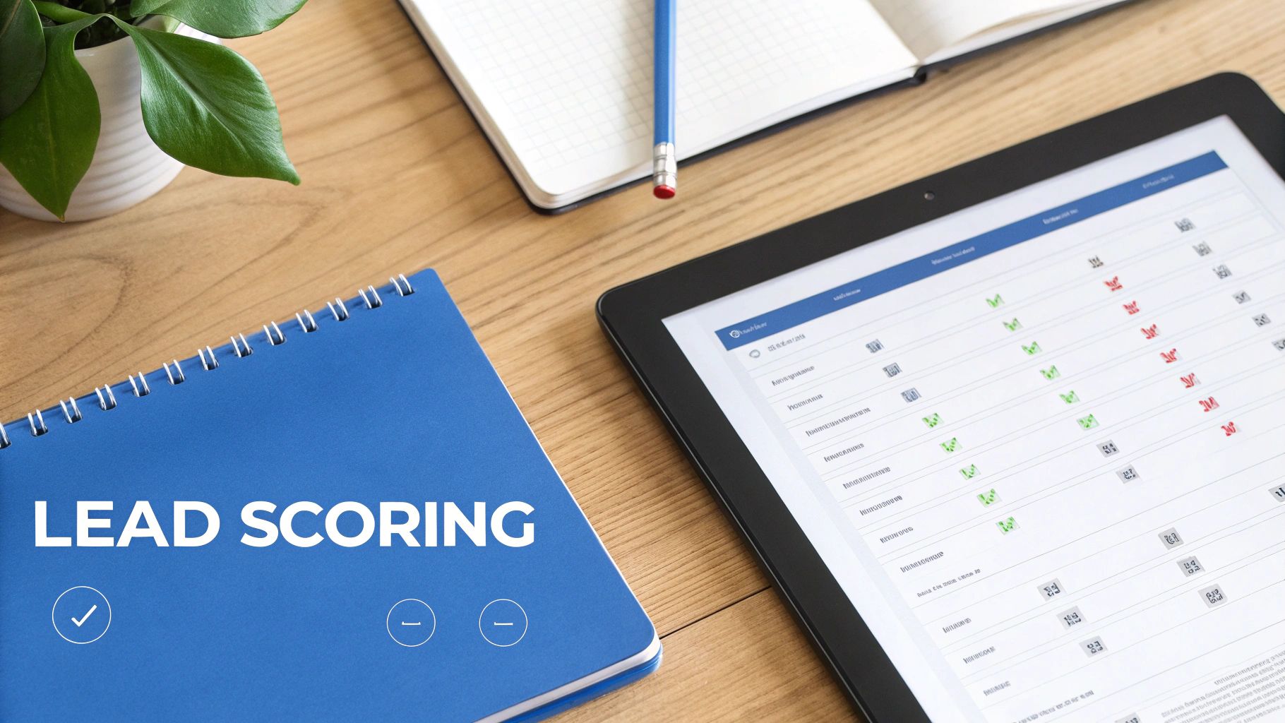 A blue notebook with 'LEAD SCoring' text next to a tablet displaying data and analytics on a wooden desk.