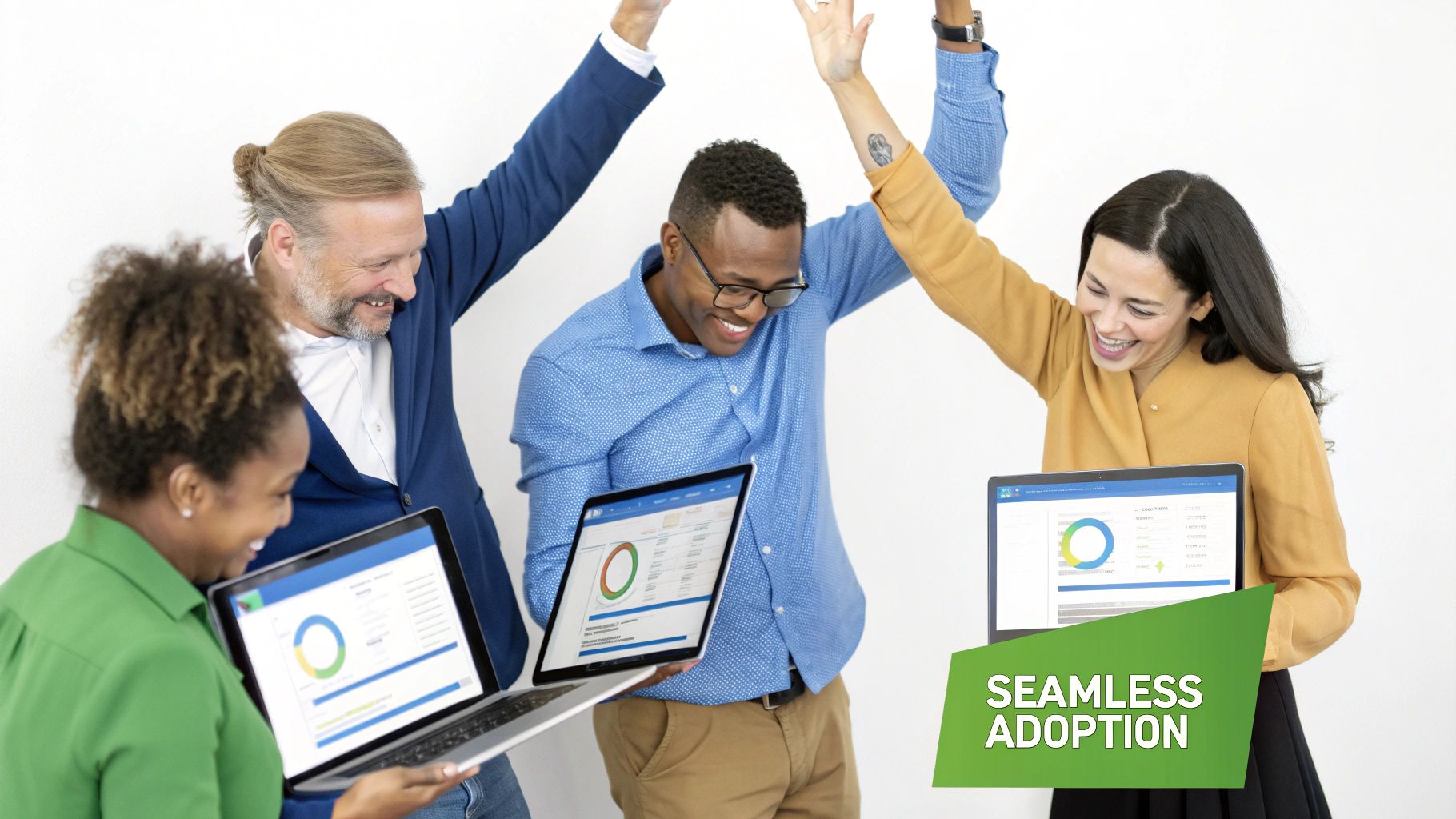 A team celebrates a successful project launch, symbolizing a seamless CRM go-live.