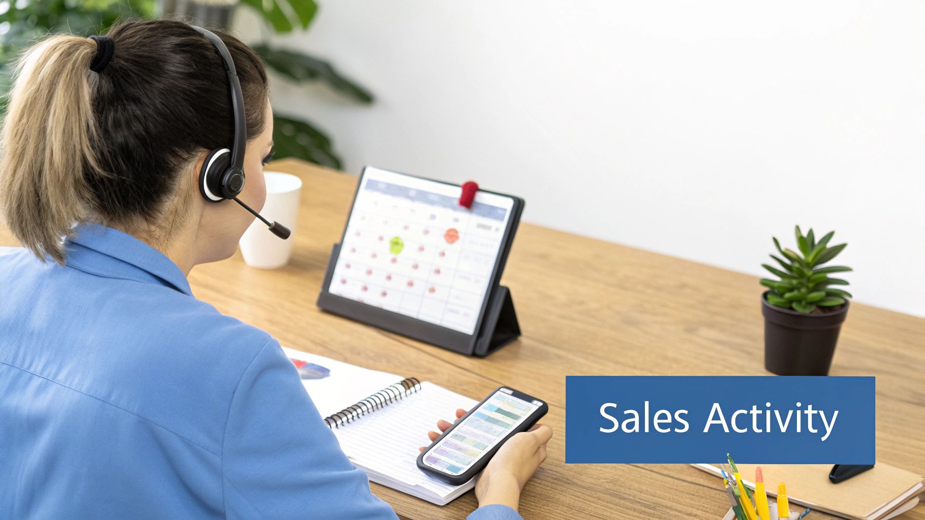 A woman with a headset is on a call, managing sales activities using a tablet and smartphone on a desk.