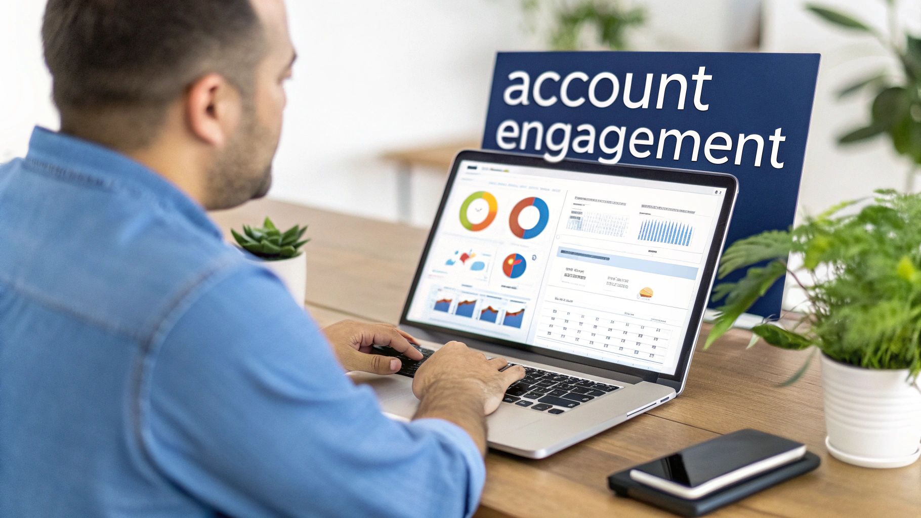 A man types on a laptop displaying data charts for account engagement, with a blue sign.
