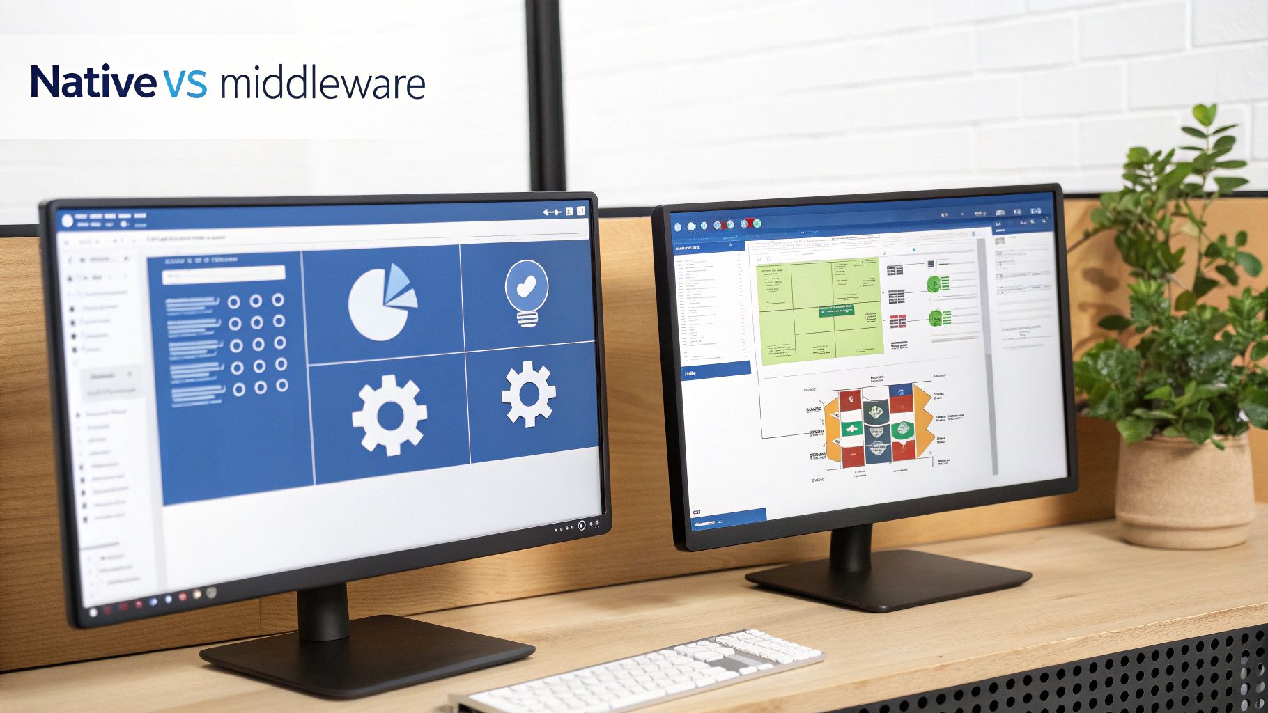 Two computer monitors on a desk displaying software dashboards, one titled 'Native VS middleware'.