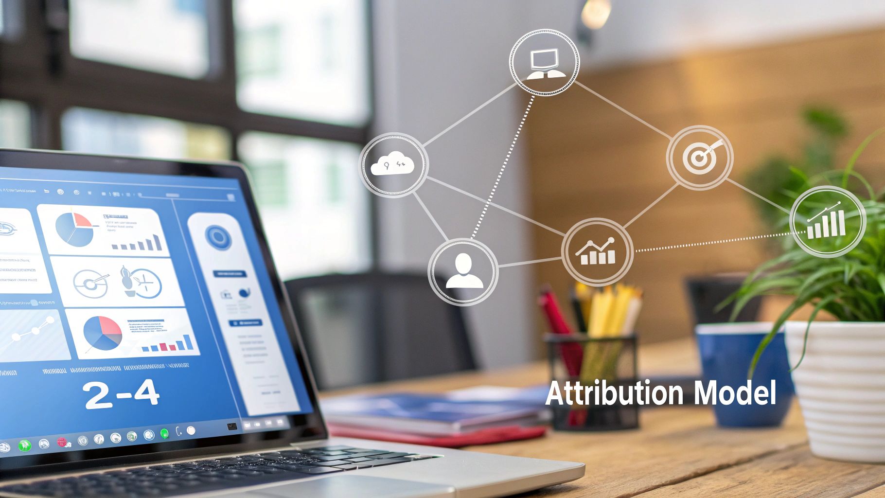 A laptop displays data charts and a conceptual network diagram for an 'Attribution Model' in marketing.