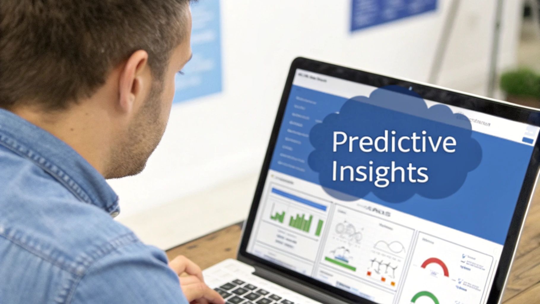 Man in a denim shirt viewing a laptop screen displaying 'Predictive Insights' and data visualizations.