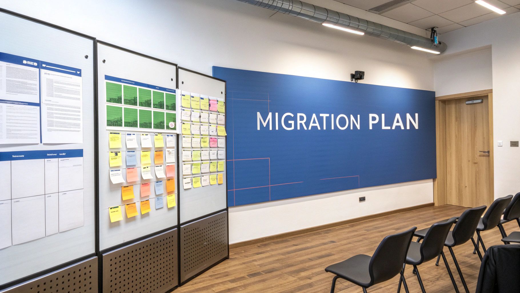 A team using sticky notes on a glass wall to plan a process, representing CRM implementation strategy.