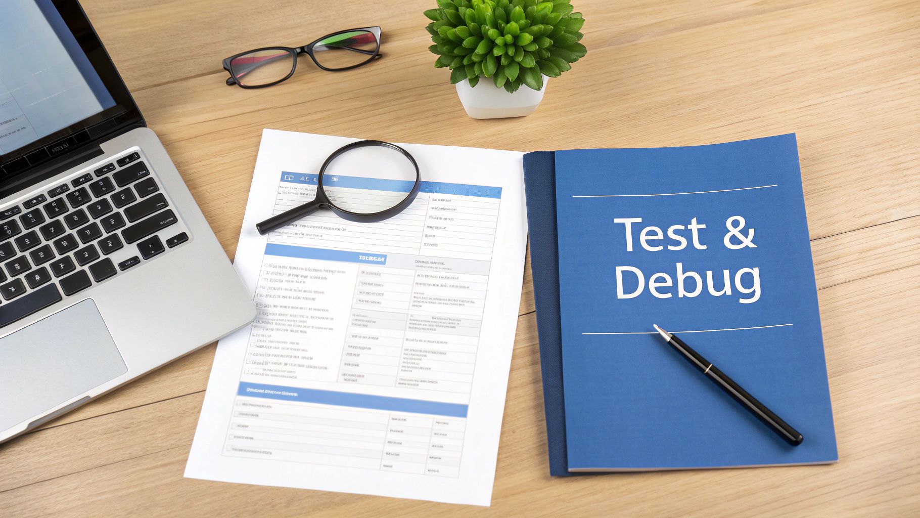 A magnifying glass hovering over lines of code on a computer screen, symbolizing the process of testing and debugging.