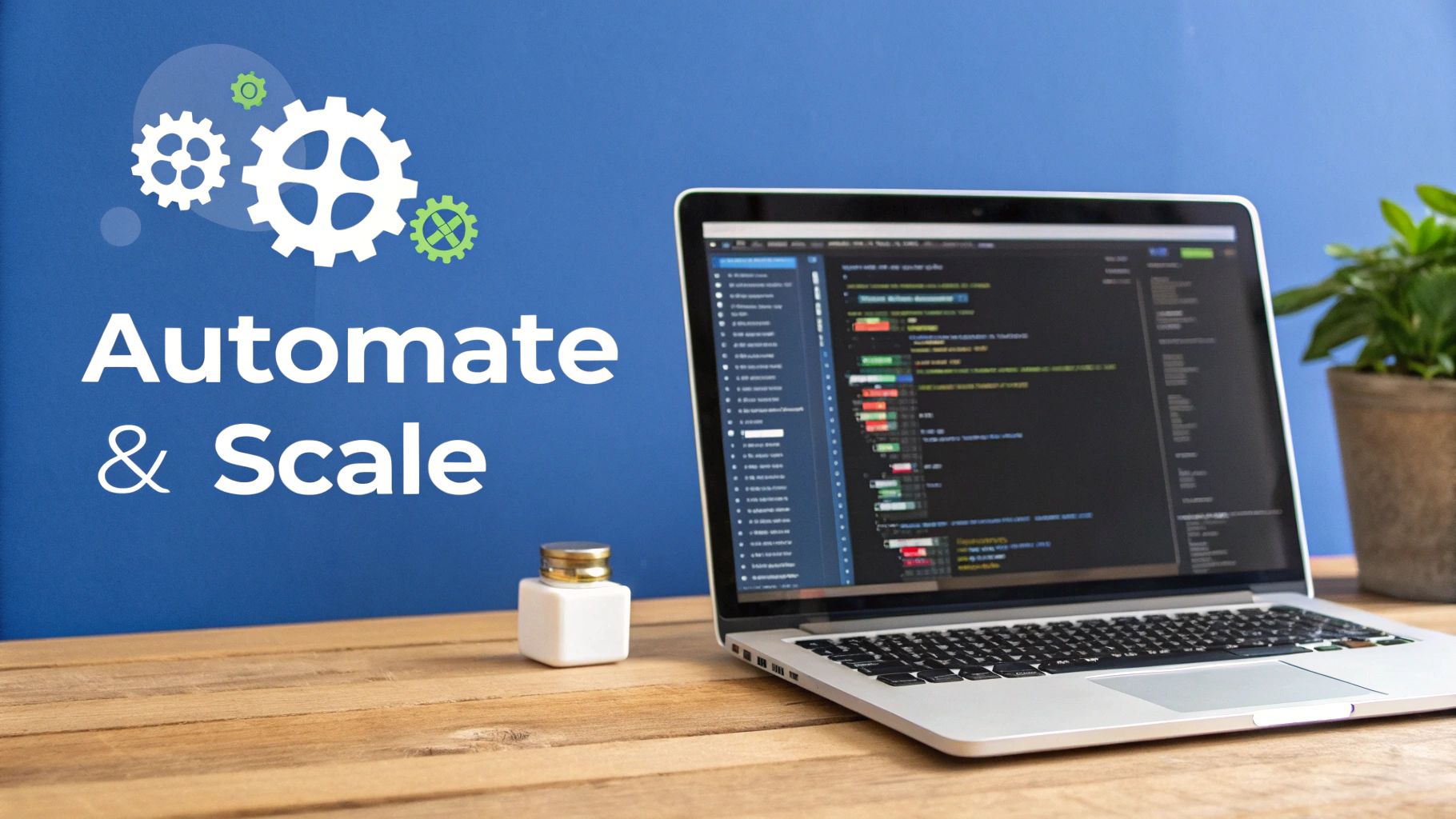 A laptop displaying code, next to text 'Automate & Scale' and white and green gears on a blue wall.
