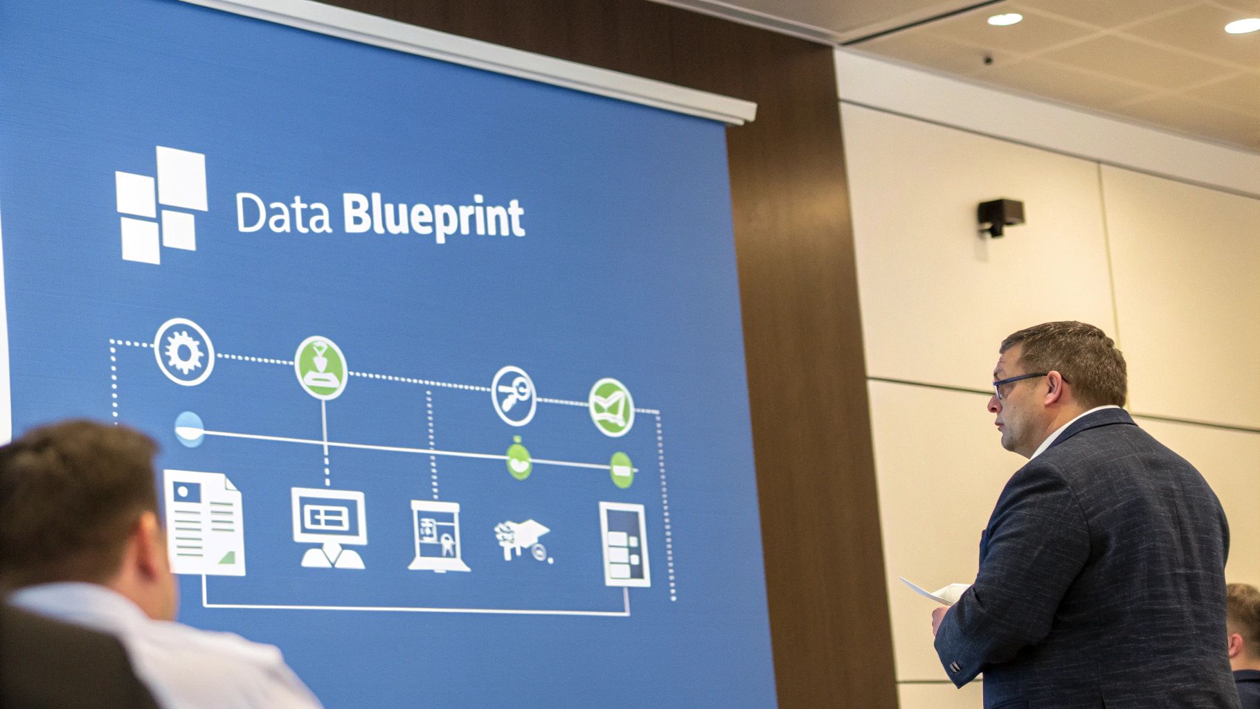 A visual representation of a system and data migration blueprint, with flowcharts and database schemas.