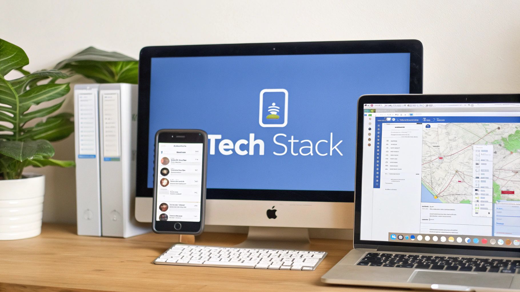 A tidy workspace featuring an iMac displaying 'Tech Stack', a MacBook, and an iPhone.