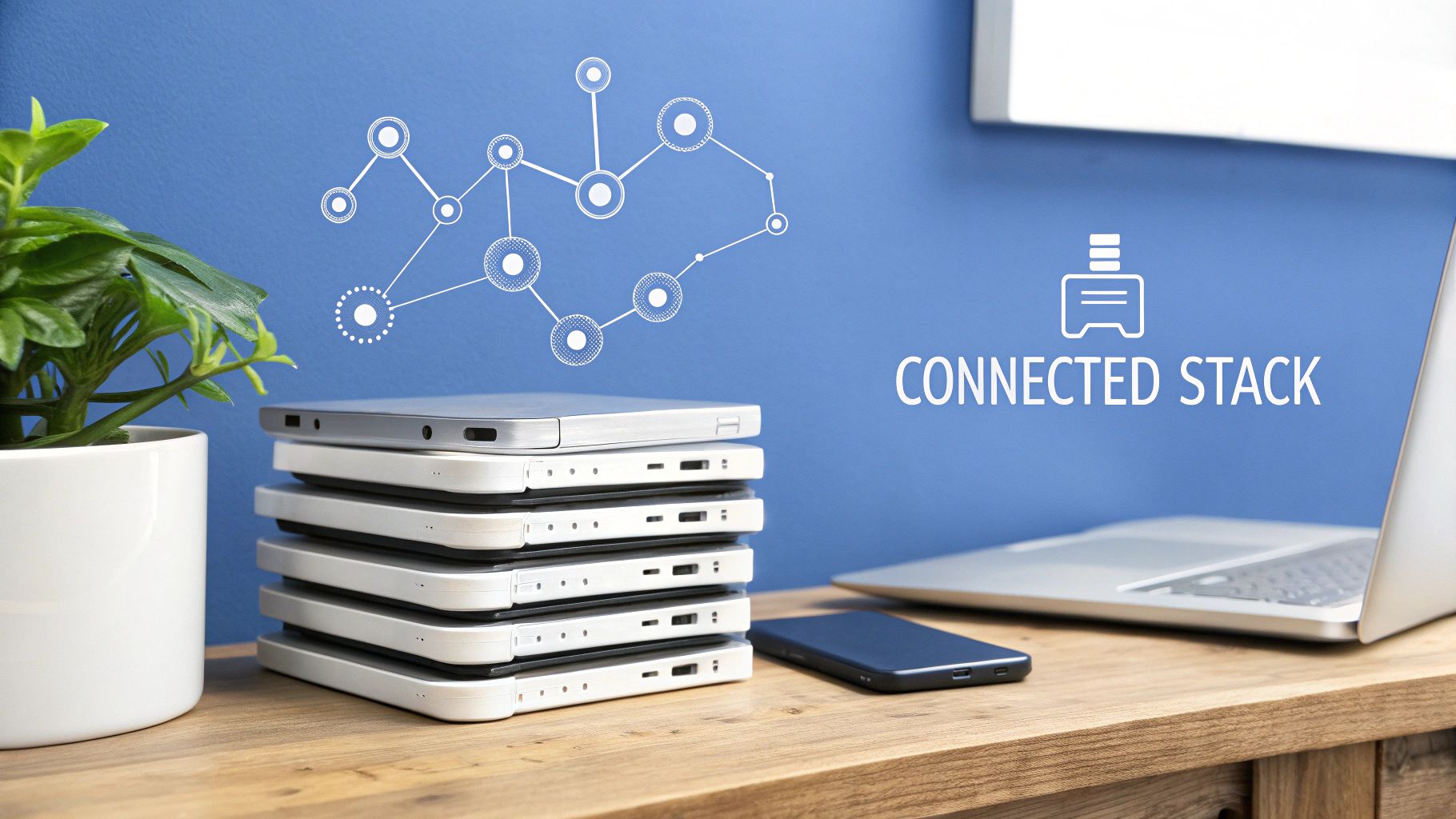 Stacked silver electronics, a plant, laptop, and phone on a desk with 'CONNECTED STACK' text and network graphics.