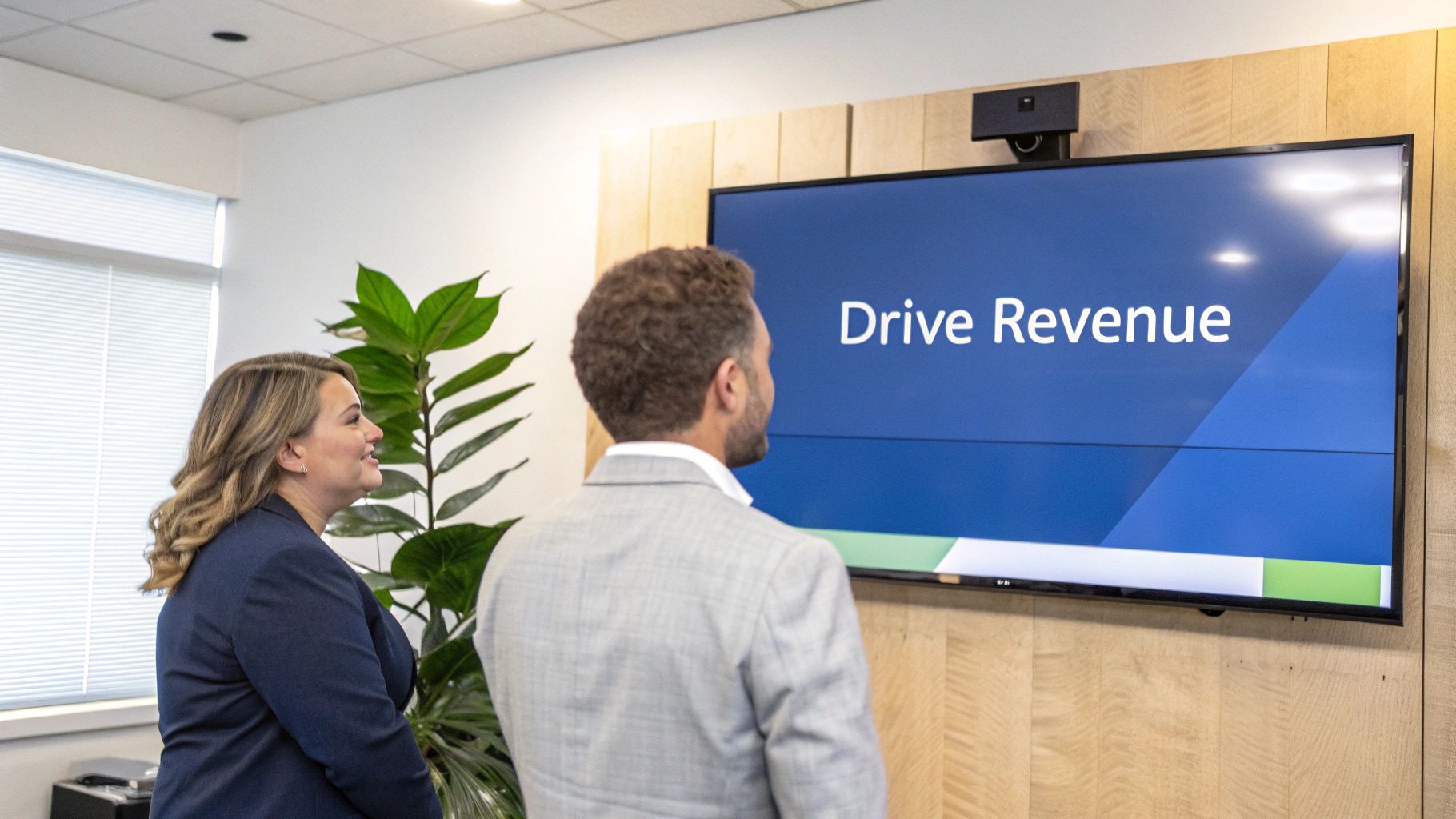 Two business professionals watch a 'Drive Revenue' presentation on a large screen in a modern office.