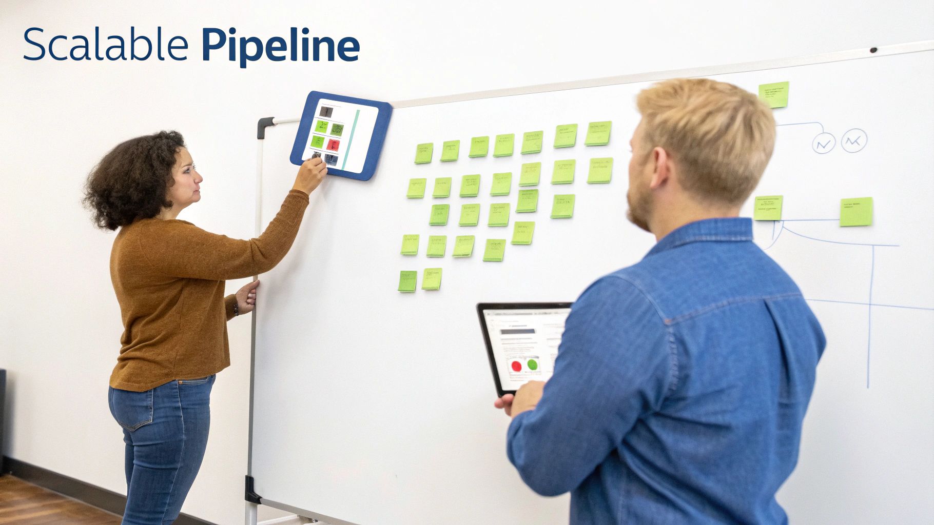 Two professionals collaborate on a whiteboard filled with sticky notes, discussing a scalable pipeline.
