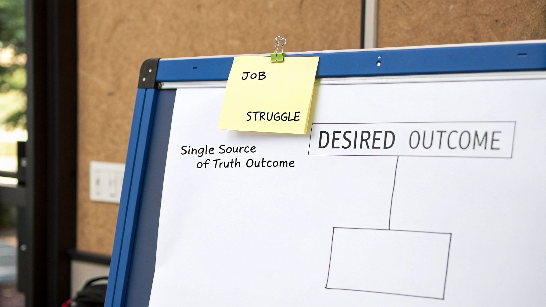 A whiteboard displays a business diagram with a sticky note labeled 'JOB' and 'STRUGGLE'. Text includes 'Single Source of Truth Outcome' and 'DESIRED OUTCOME'.