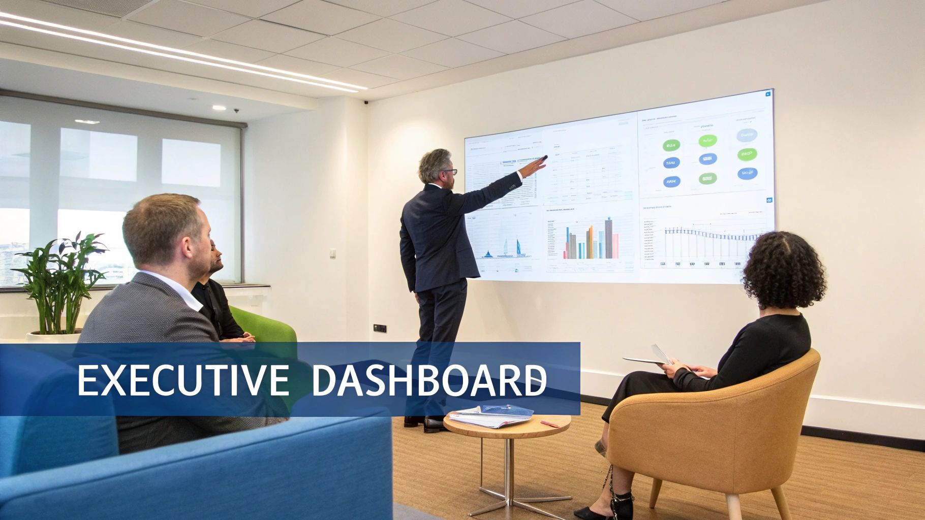A man in a suit presents data on a large executive dashboard to colleagues in an office meeting.