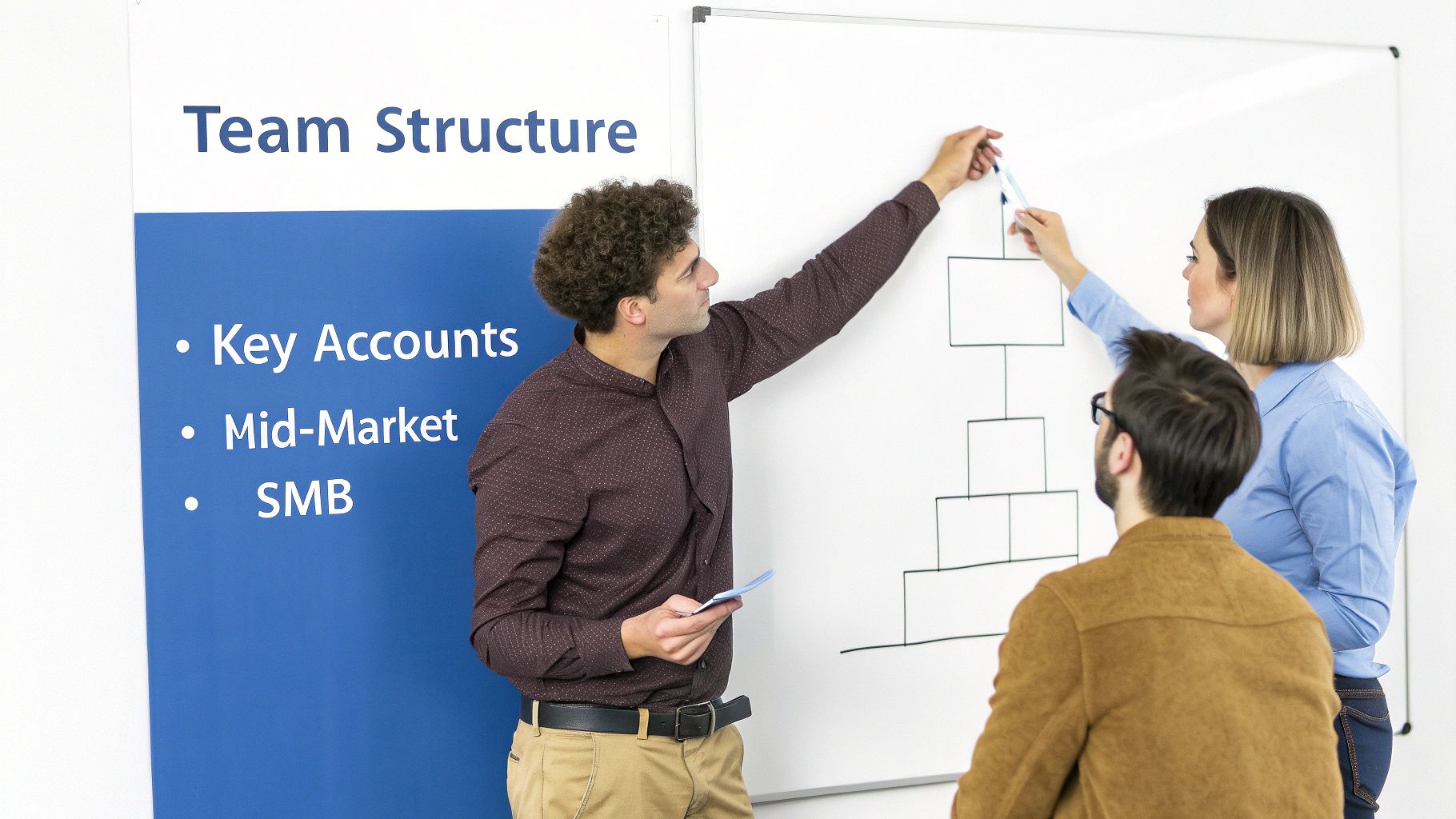 Three colleagues discuss team structure and accounts in front of a whiteboard and banner.