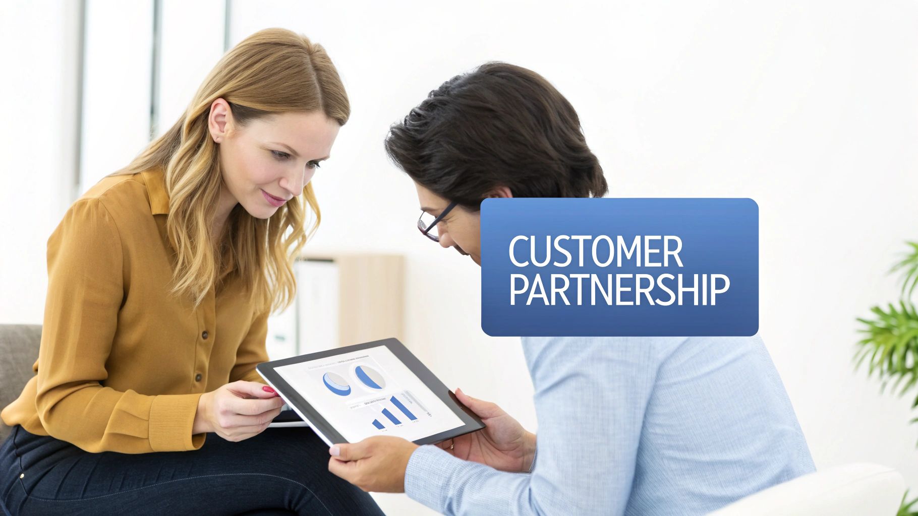 Two business professionals analyzing data on a tablet, focusing on customer partnership strategies.