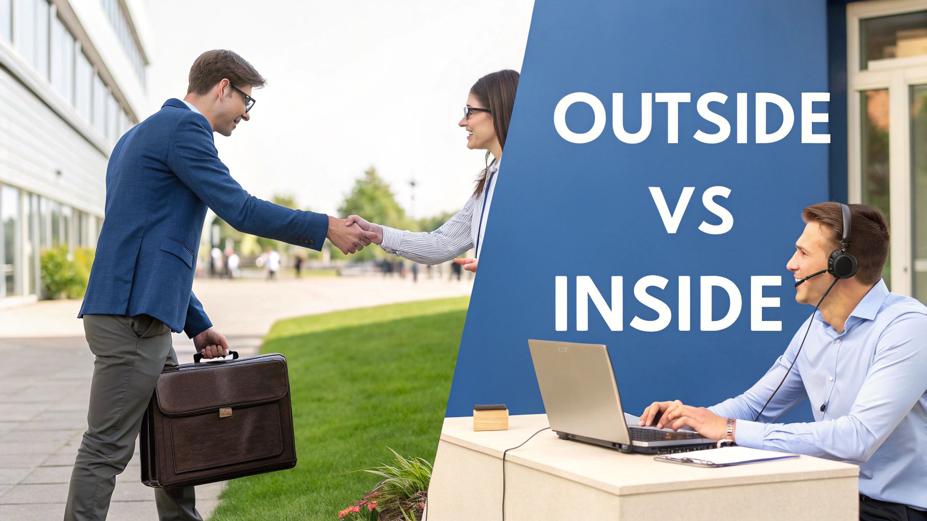 A split image contrasting an outdoor business handshake with an indoor call center agent working on a laptop.