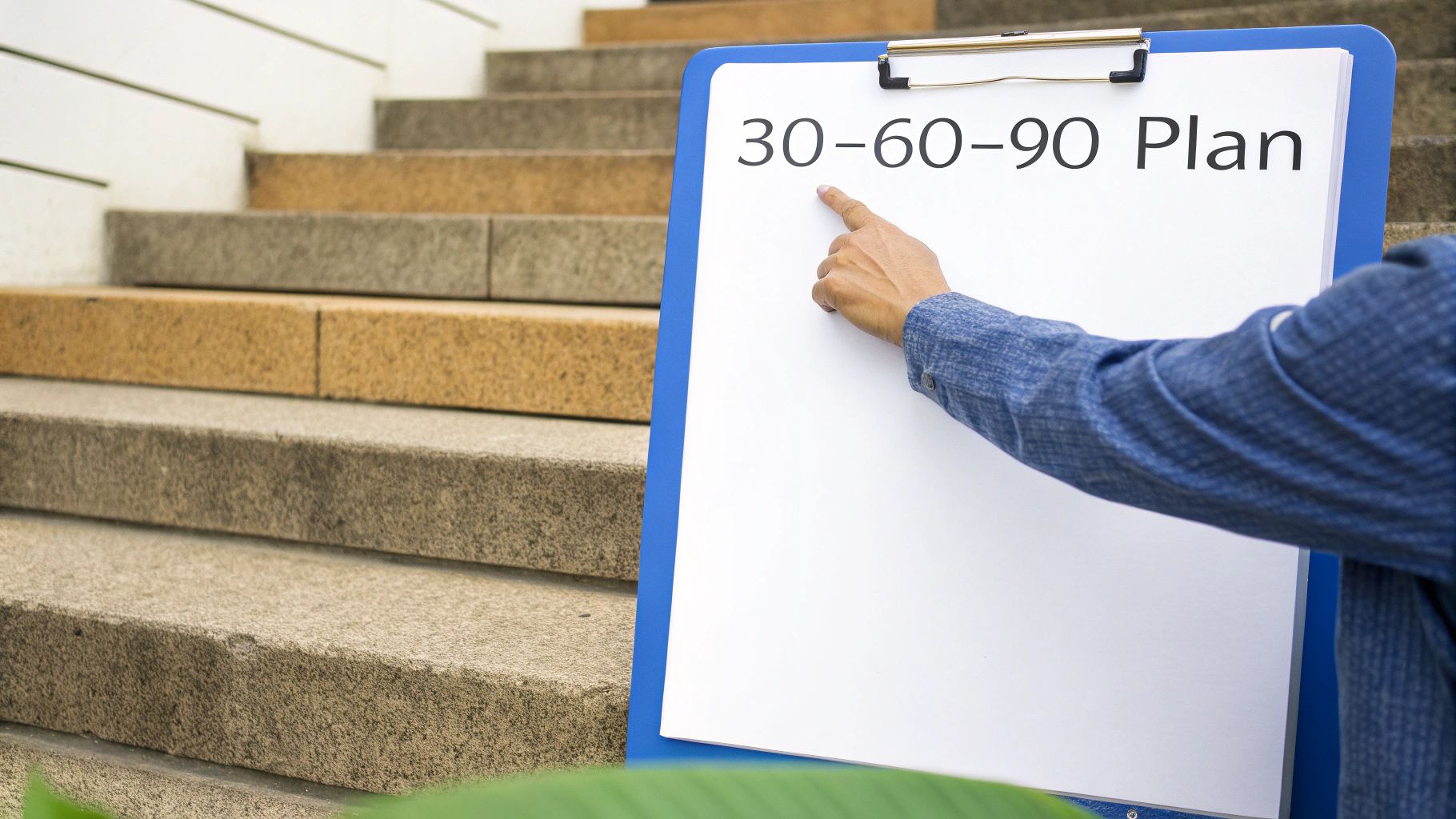 A person's hand points to a whiteboard displaying '30-60-90 Plan' next to stairs.
