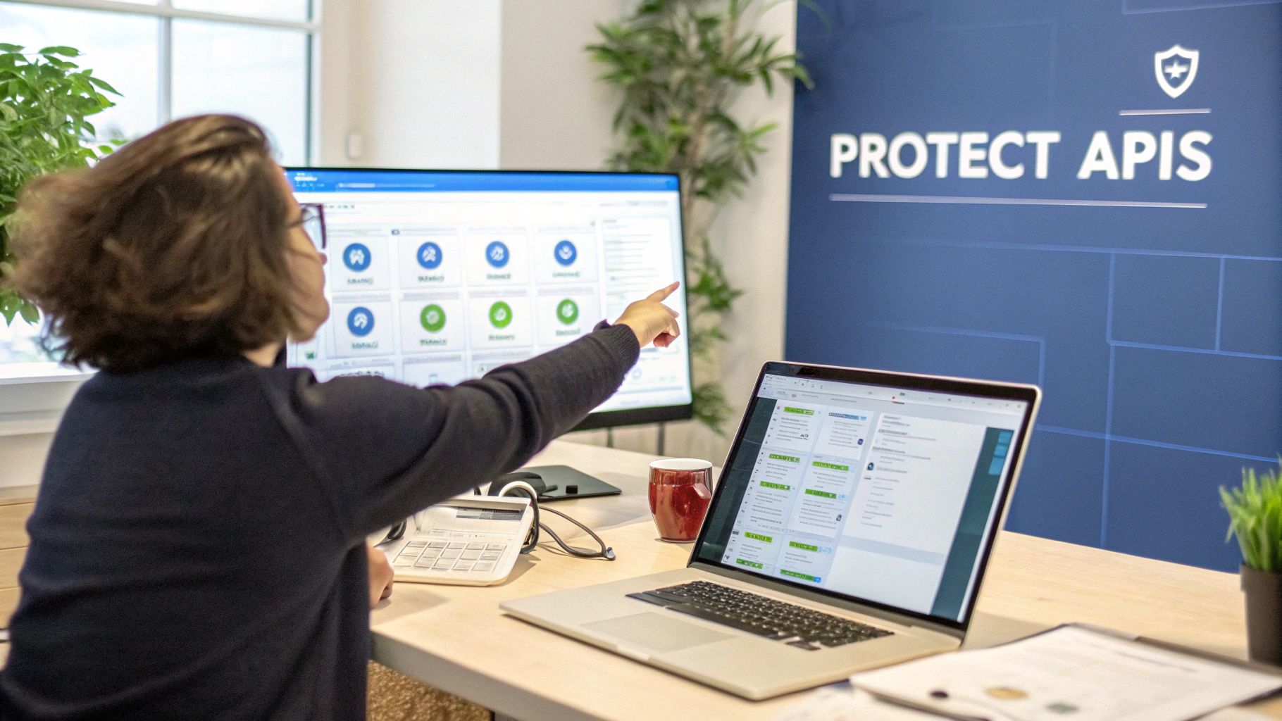 A person points at a large monitor showing API security data, with a laptop and "PROTECT APIS" on the wall.