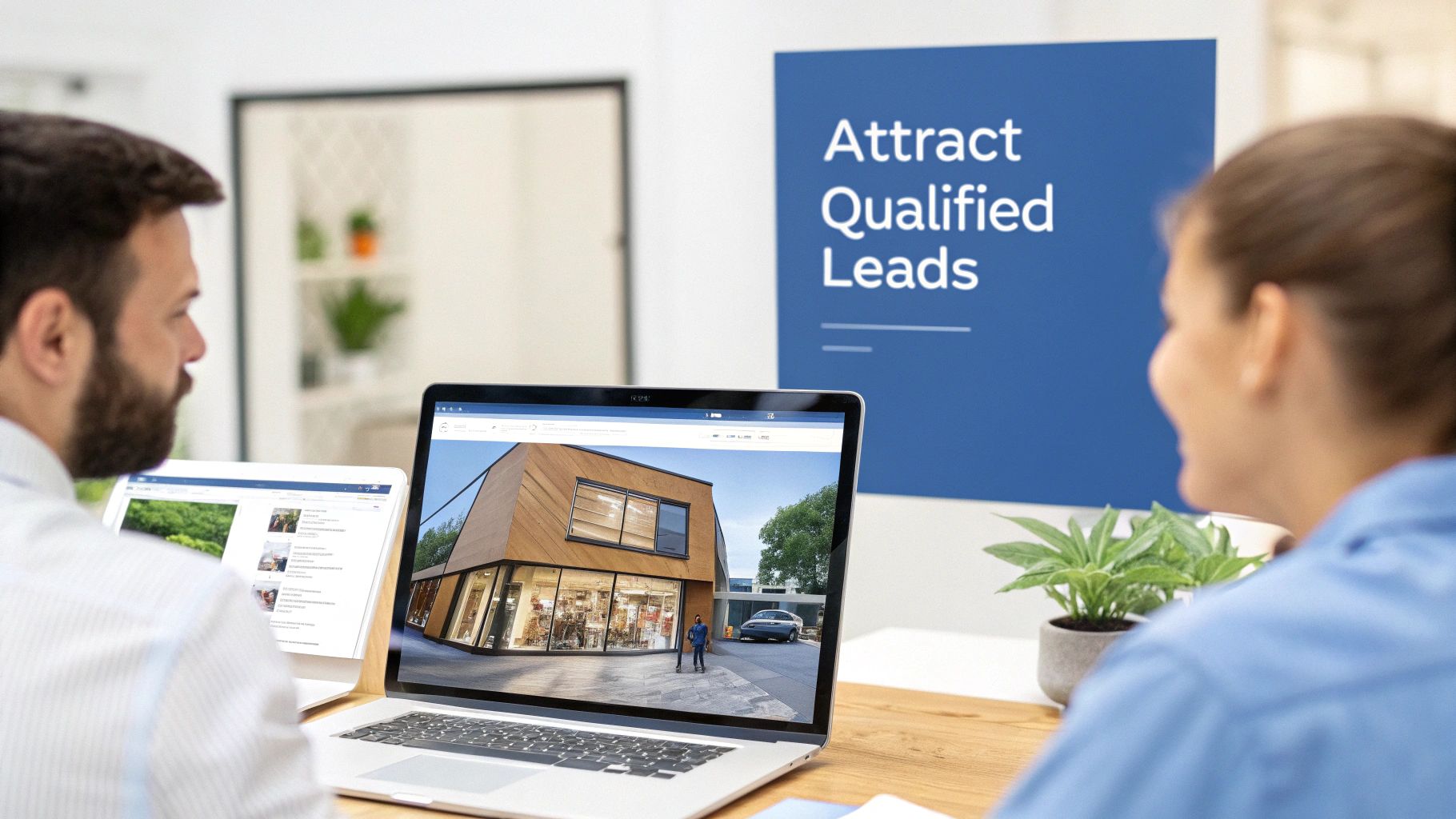Two professionals review digital content on a laptop and tablet, with an 'Attract Qualified Leads' sign in the background.