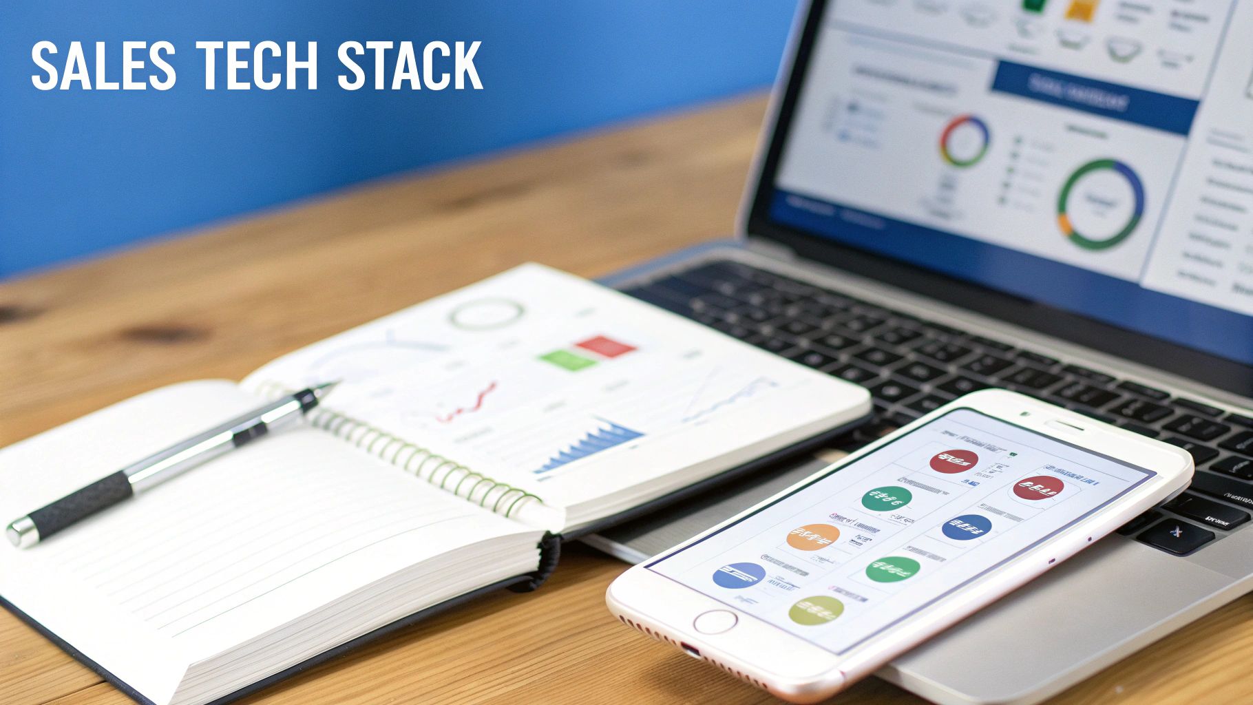 A modern sales tech stack workspace with a laptop, smartphone, and notebook displaying business data.