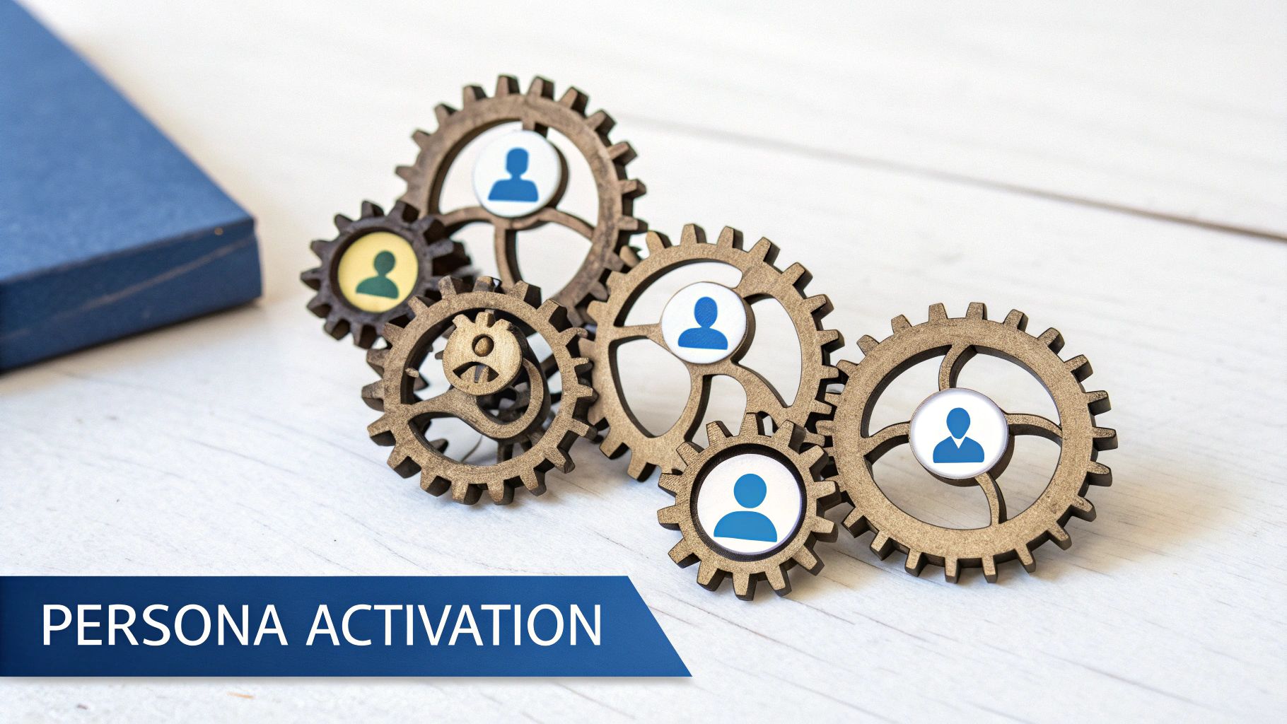 A team of professionals collaborating around a digital interface that visualizes customer data and persona profiles, indicating the activation of personas.