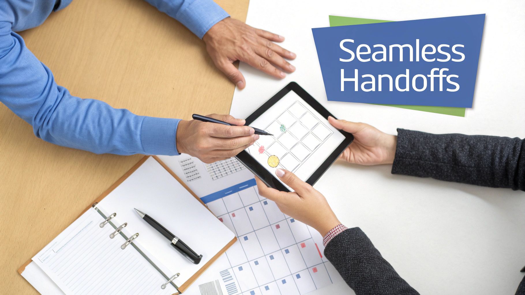 Two people's hands collaborating on a tablet screen, symbolizing seamless handoffs and teamwork.