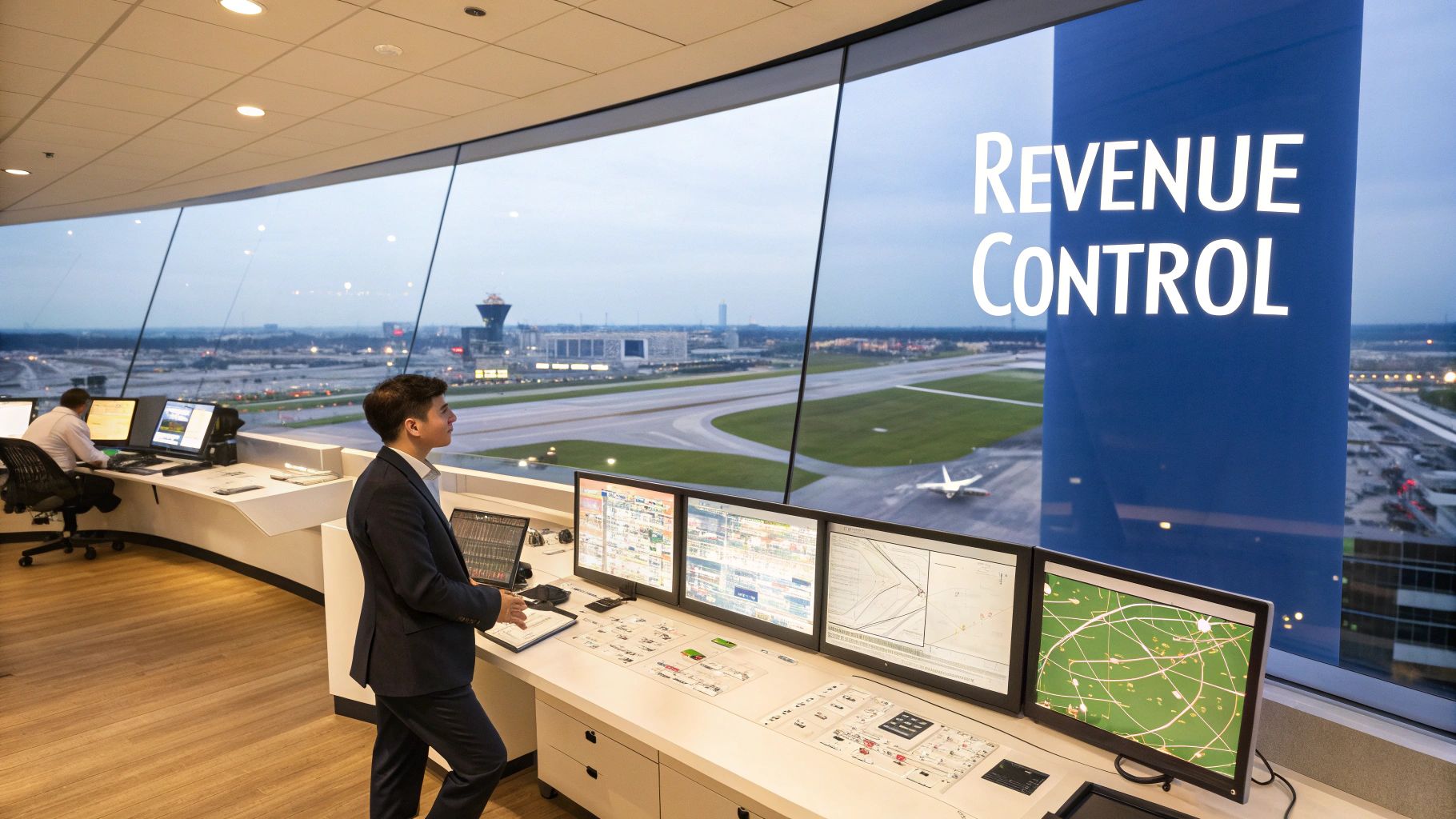 Operators oversee airport operations from a modern control room with 'REVENUE CONTROL' on glass.