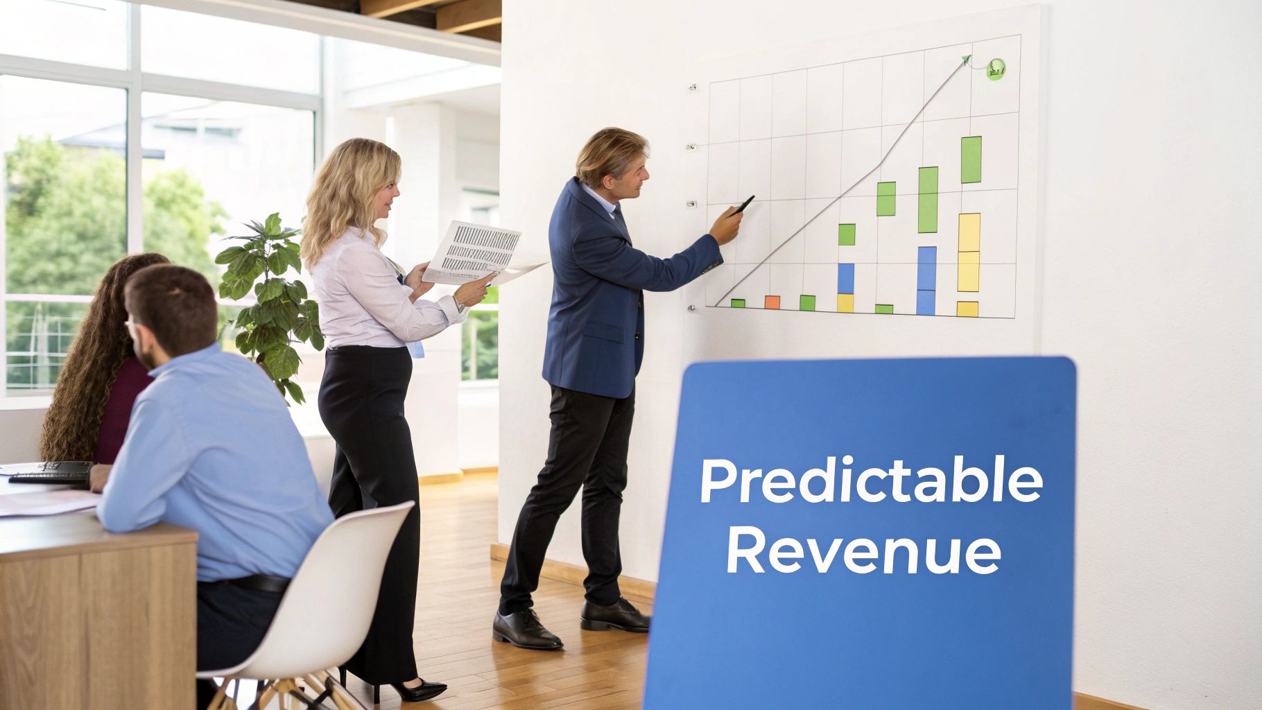 A team confidently planning around a table with charts, showing the strategic impact of a predictable revenue engine.
