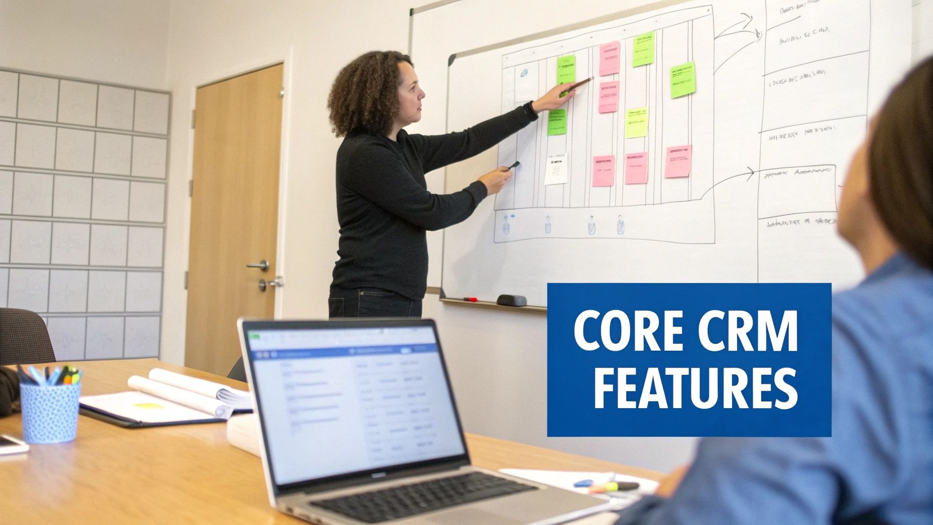 Two people discuss core CRM features during a meeting, with one pointing at a whiteboard.
