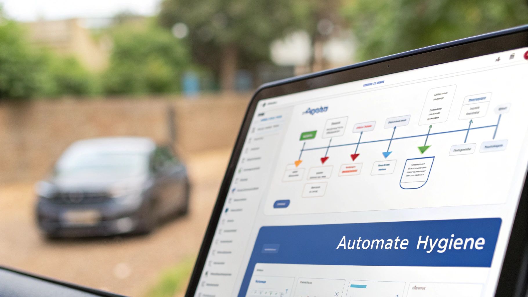 An automated system with gears and data streams, illustrating continuous CRM data hygiene.