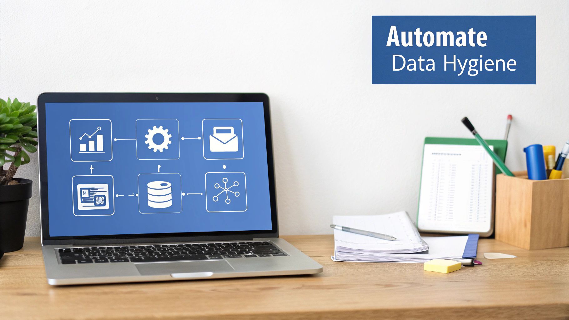 A laptop on a desk showing a data hygiene process diagram, with a banner stating 'Automate Data Hygiene'.