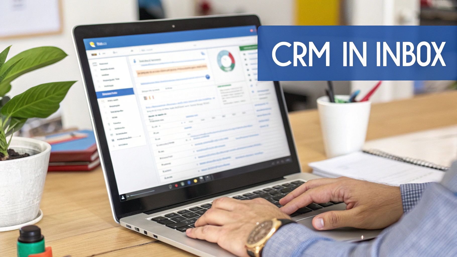 Close-up of hands typing on a laptop with a CRM dashboard and a 'CRM IN INBOX' banner.