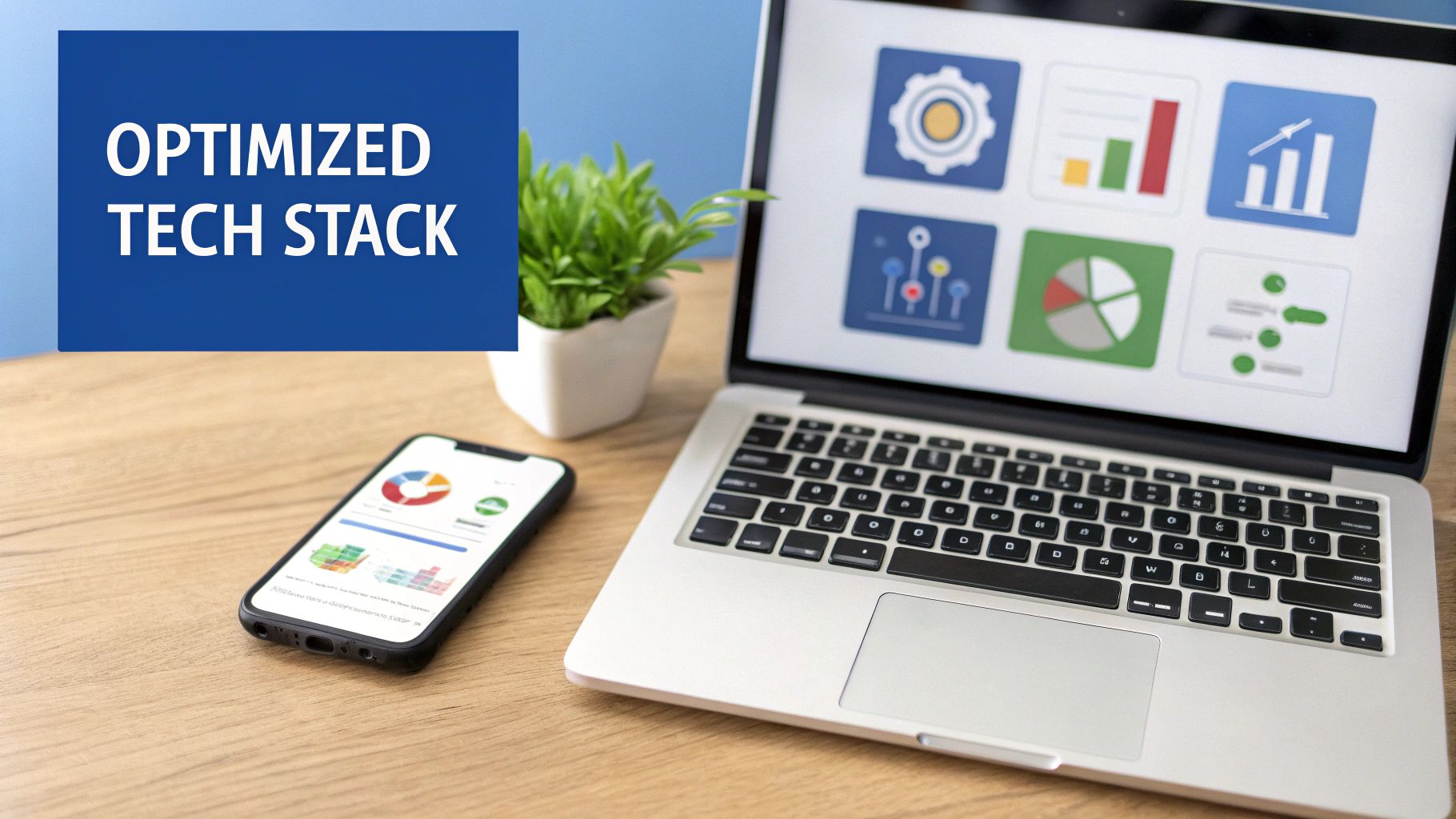 A laptop and smartphone display data dashboards on a desk, with text 'OPTIMIZED TECH STACK'.