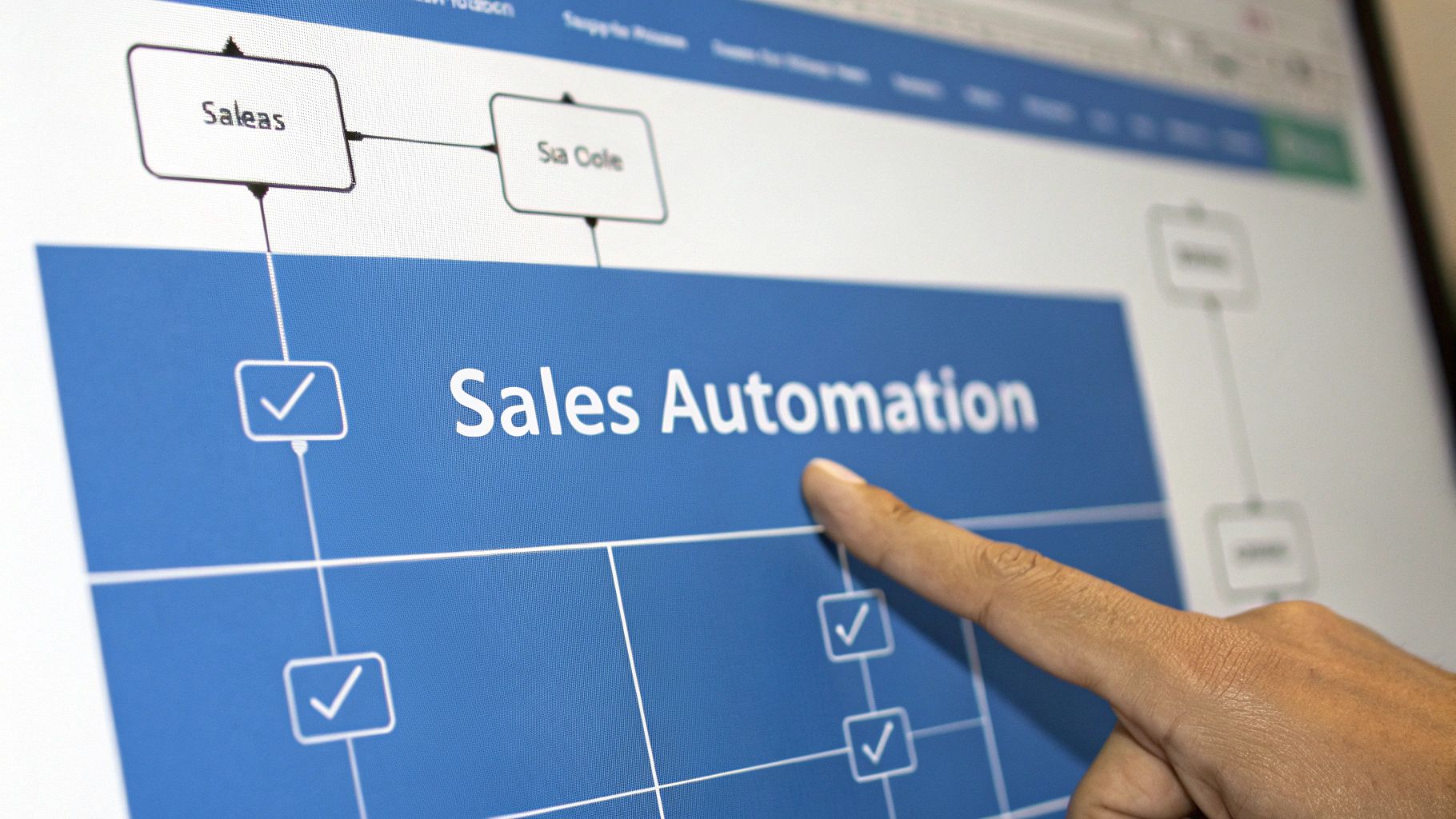 A finger points at a computer screen displaying a 'Sales Automation' diagram with flow chart elements.