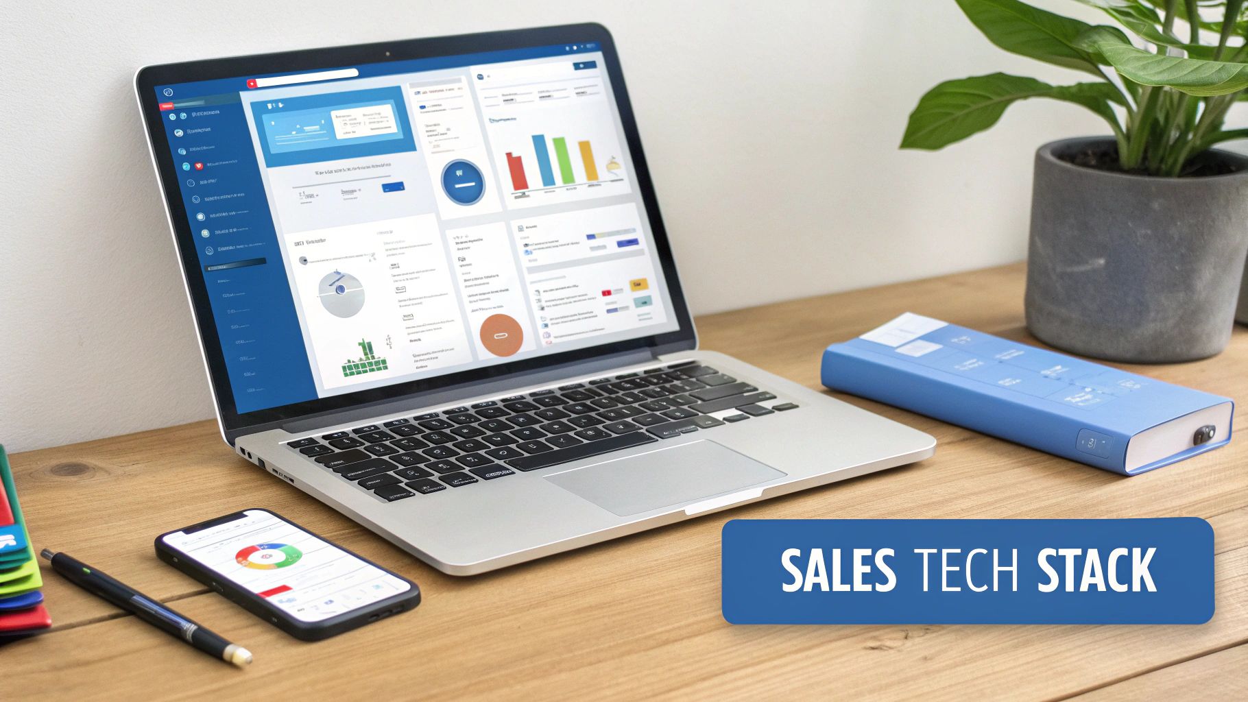 A modern sales tech stack setup with a laptop, smartphone, and tools on a wooden desk.