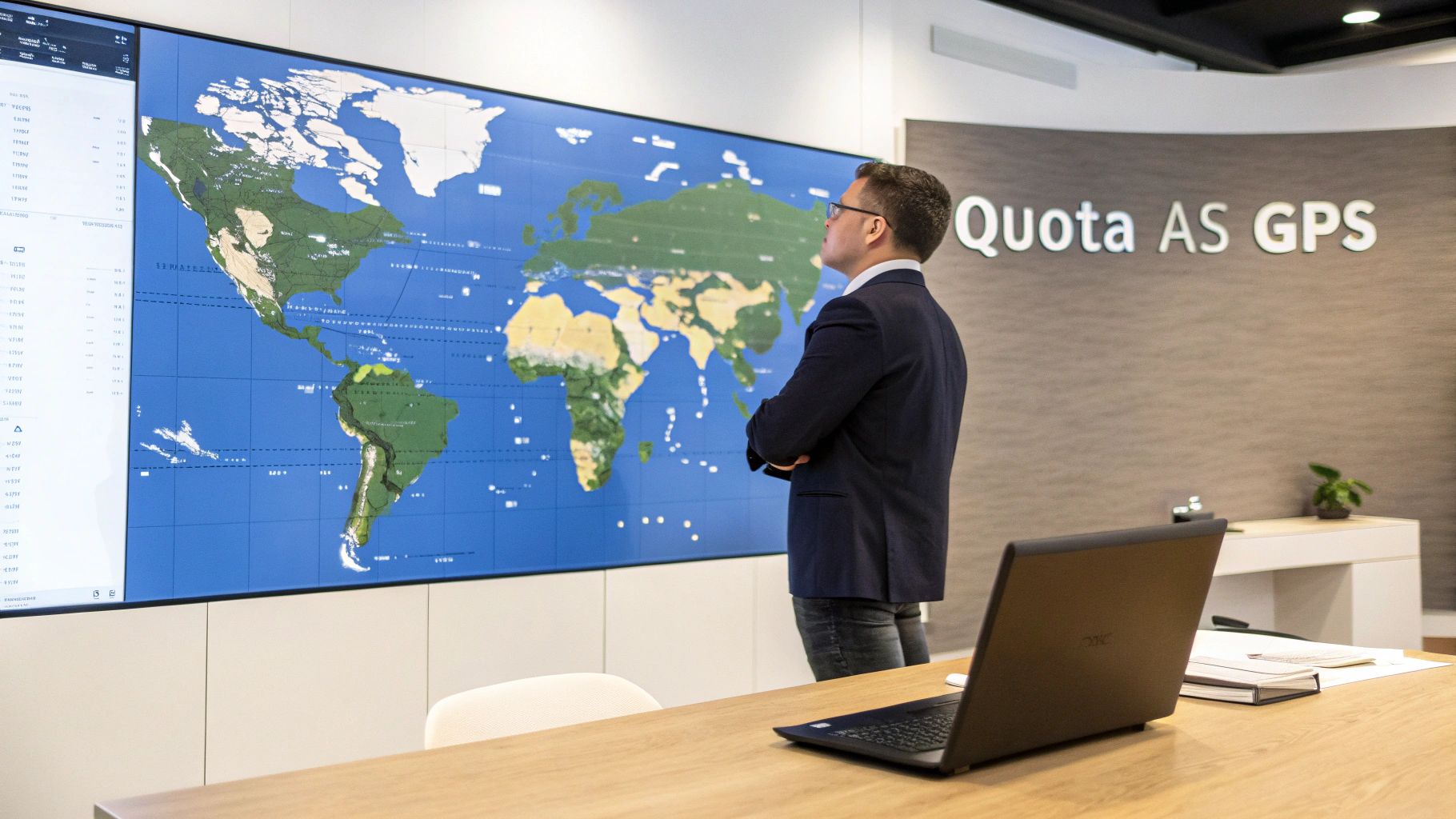 A man in a suit looks at a large digital world map display in a modern office.