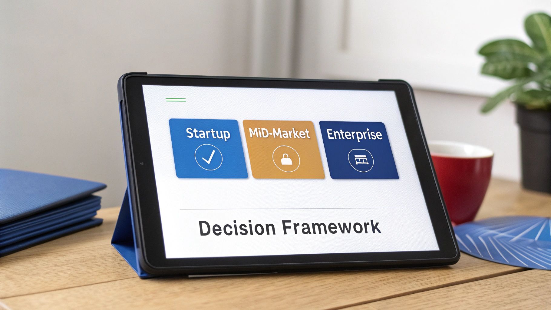 A tablet displays a decision framework with options for Startup, Mid-Market, and Enterprise, on a wooden desk.