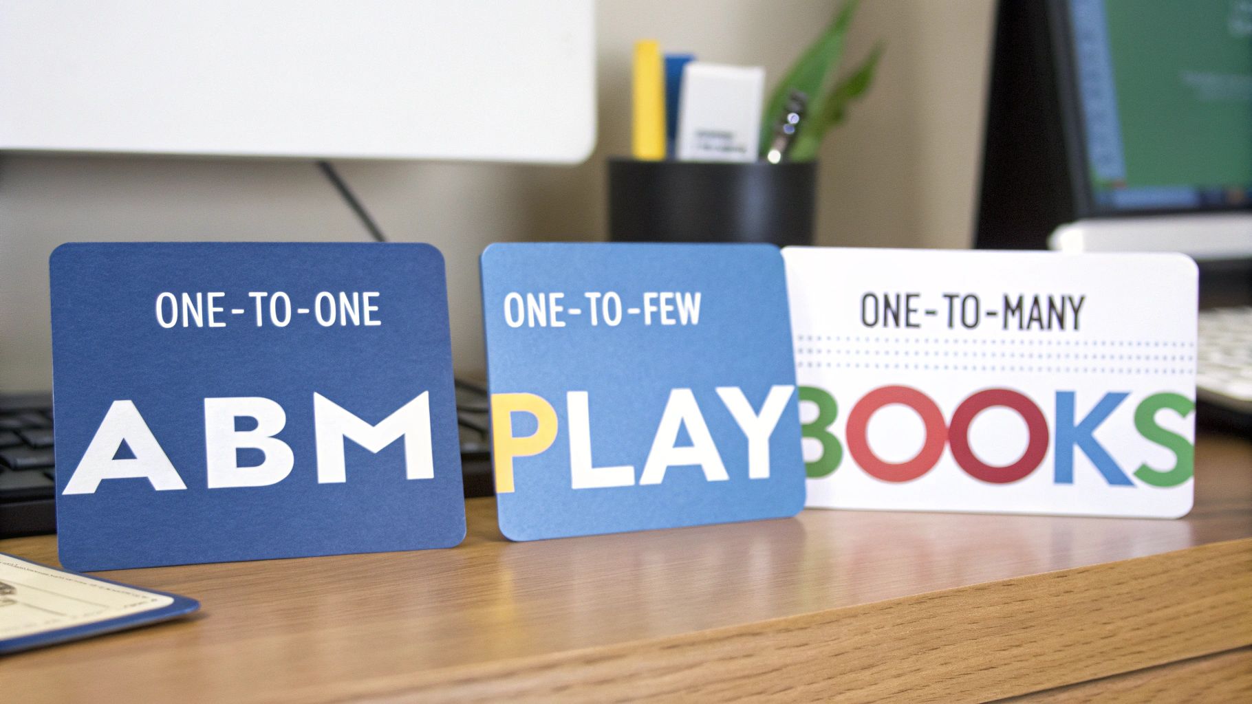 Three cards on a desk showing different marketing strategies: One-to-One ABM, One-to-Few, and One-to-Many Playbooks.
