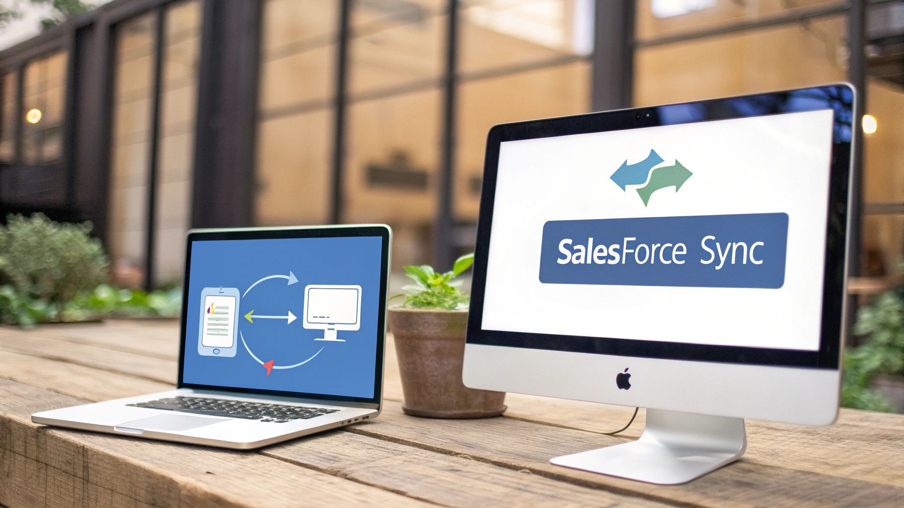 Two computers, a laptop and a desktop, on a wooden table, illustrating Salesforce data synchronization.