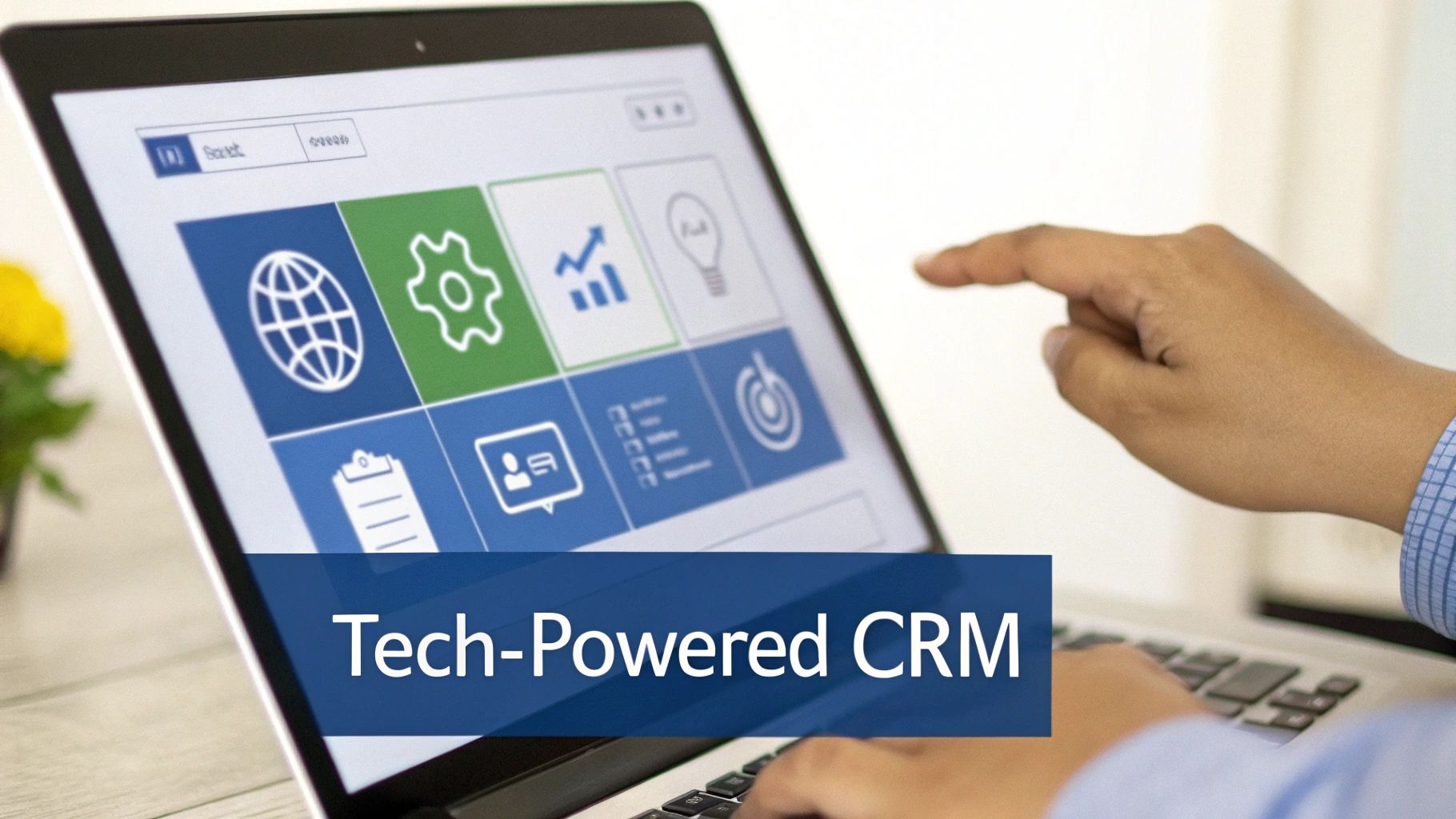 Hands interacting with a tech-powered CRM interface with business icons.