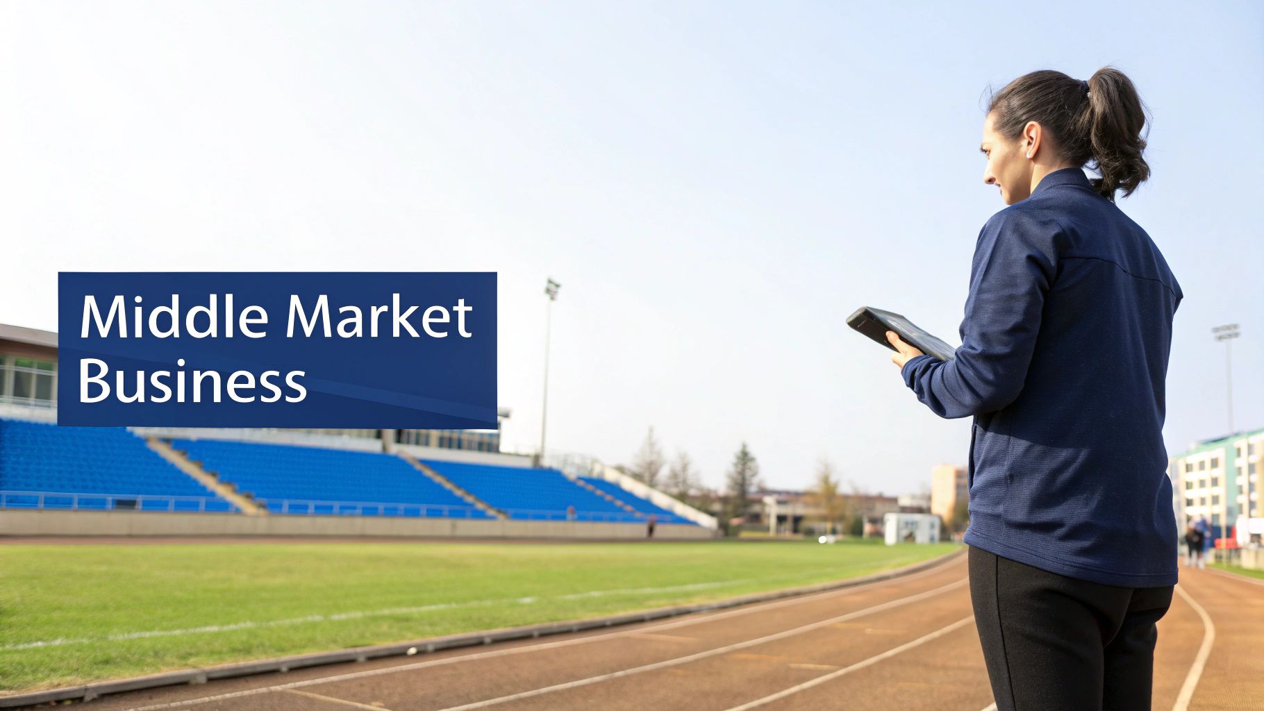 A woman on a running track with a tablet, a stadium in the background, featuring "Middle Market Business" text.