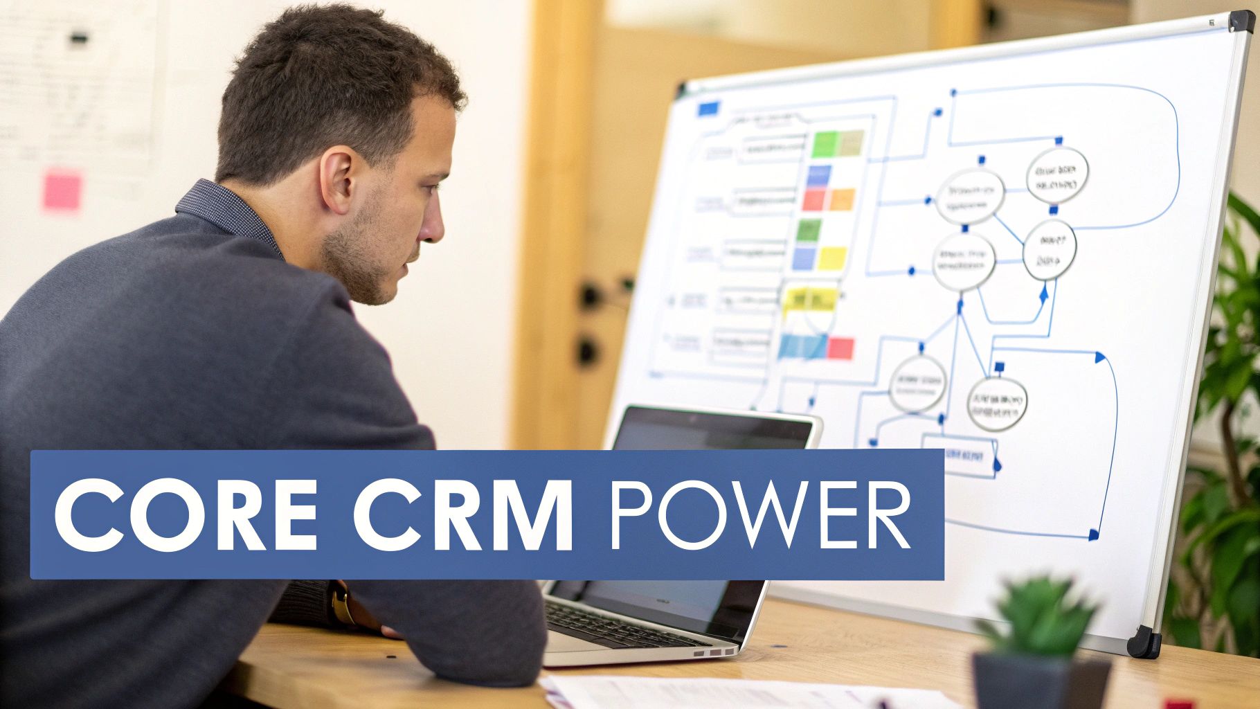A man intently studies a laptop next to a whiteboard displaying a CRM system diagram.