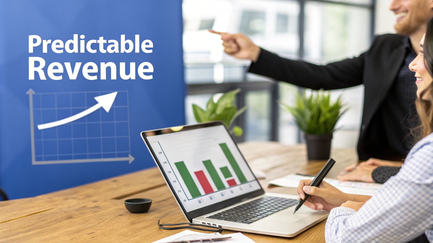 A magnifying glass hovering over business analytics charts, symbolizing the detailed impact of automation on revenue and performance.